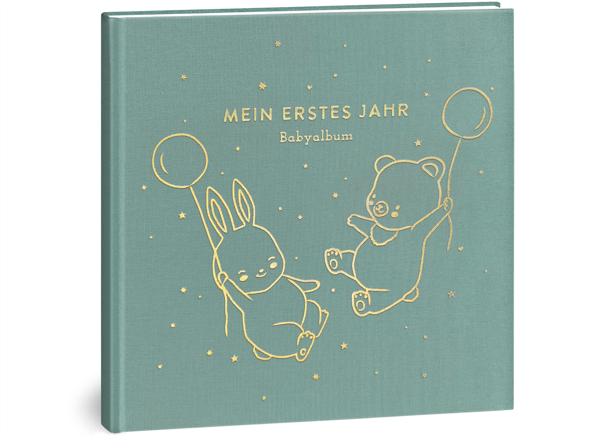 Mein erstes Jahr Babyalbum - Hochwertiges Leinenbuch mit Goldprägung für die schönsten Erinnerungen - Babybuch zum Eintragen für das erste Lebensjahr - Baby Geschenk zur Geburt (Luftballons Mint)