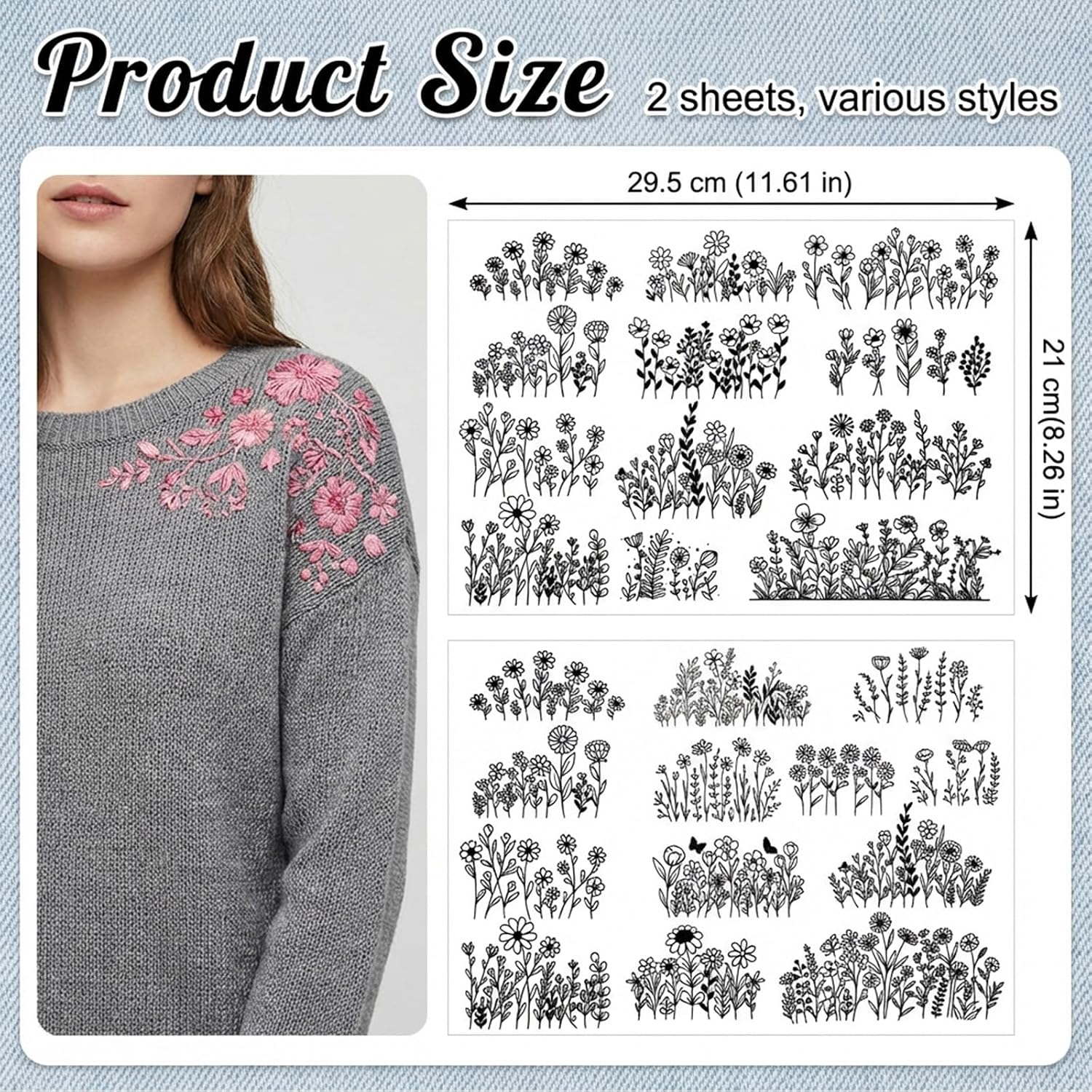 Flower Water Soluble Embroidery Patterns, 2 Sheets Water Soluble Stabilizer Embroidery Patterns Flower Floral Daisy Butterfly Designs Pattern Stick and Stitch Embroidery-Paper for Hand Sewing