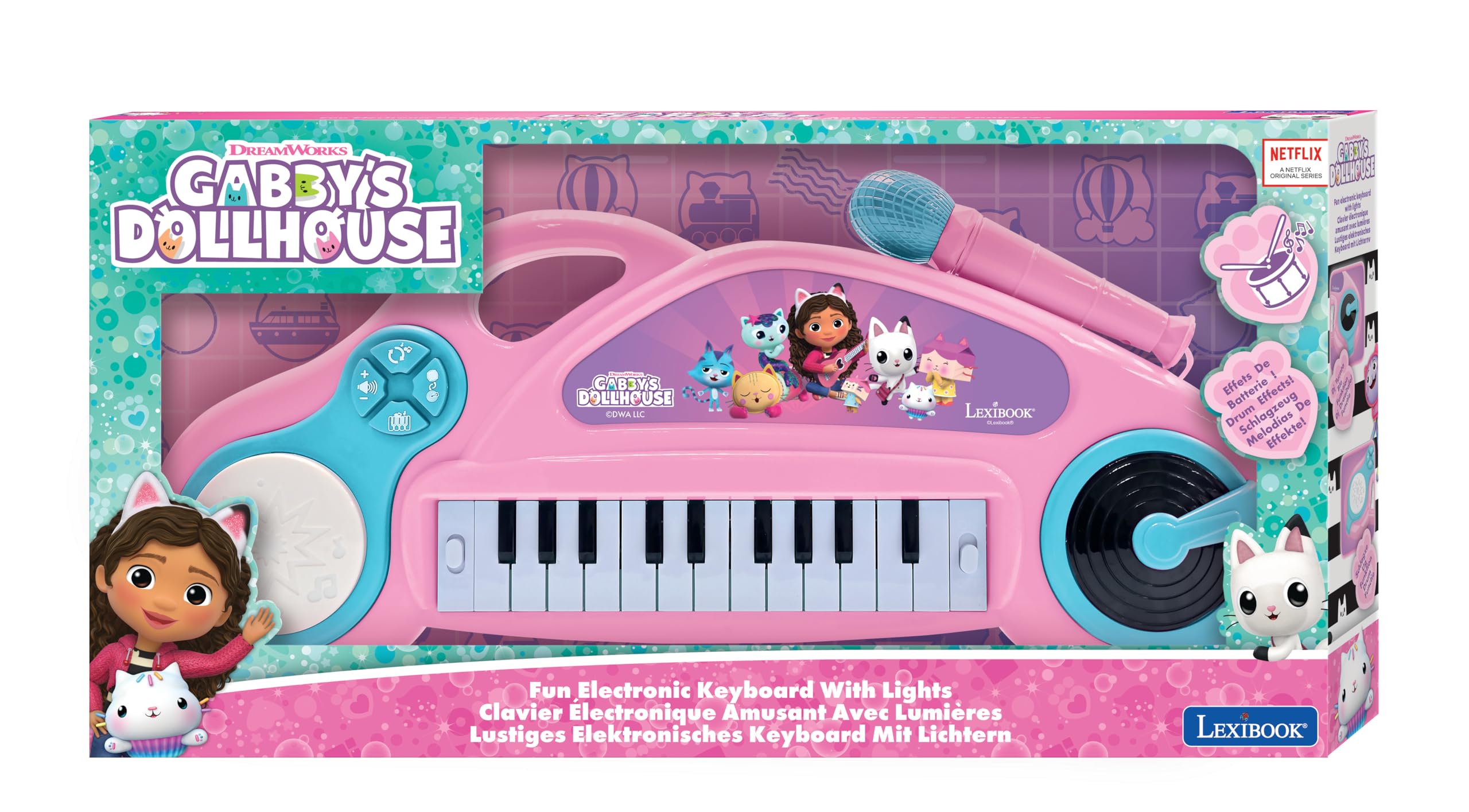 Lexibook, Gabby's Dollhouse, Electronic piano for children with light effects microphone, drums, built-in speaker, demo tunes - Image 4