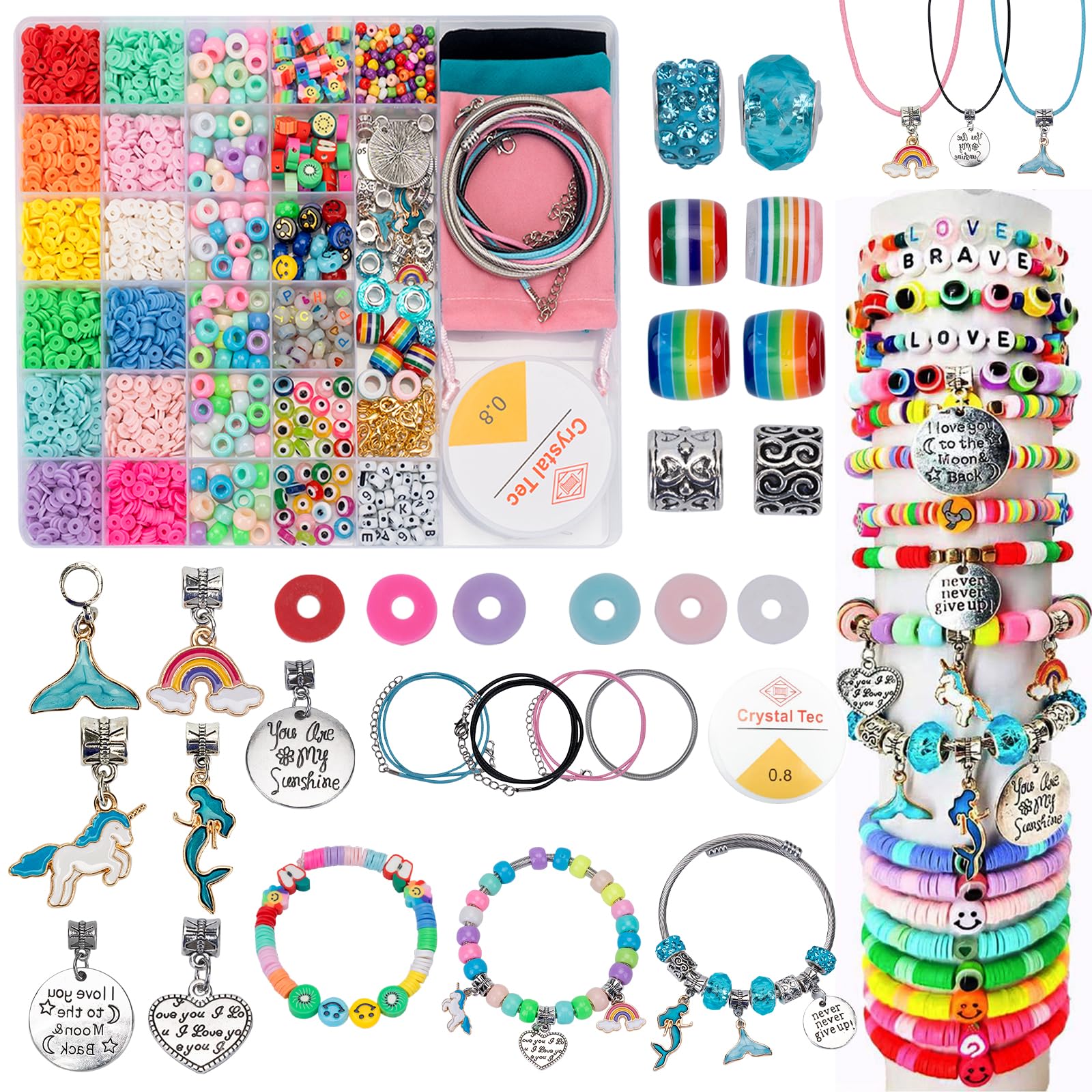 1 x telefoonkoord met o.a. polymeer klei kralen en letter kralen forever 40cm lang mix kleuren | Telefoonkoord