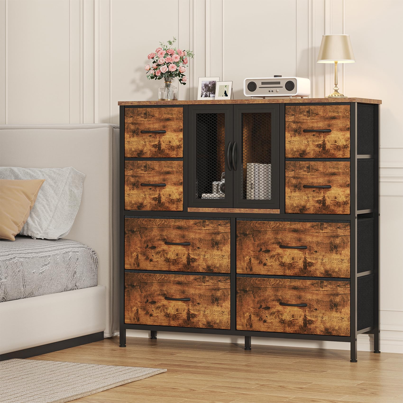 Feonase 8 Drawer Fabric Dresser, Chest of Drawers with Double Mesh Door Cabinet, Slim Clothes Storage Unit with MDF Top and Metal Frame for Bedroom, Hallway or Nursery, 100 cm Wide, Rustic Brown
