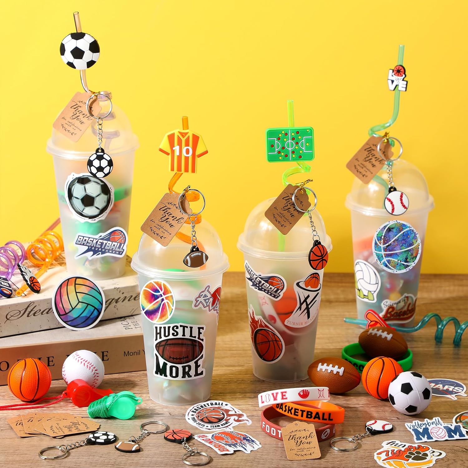 Weysat 184 Pcs Sport Party Favors Party Goodie Bag Fillers Cup Straw Stress Ball Keychain Sticker Wristband Whistle Thank You Tags for Birthday Decorations (Sports Style)
