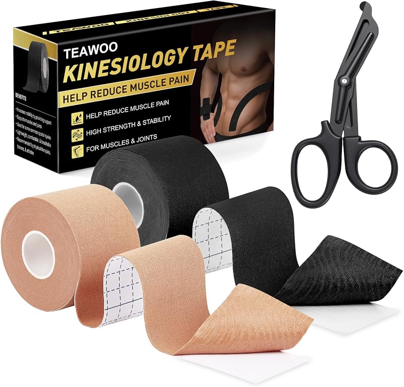 TEAWO Kinesiology Tape 2 Rolls (2in X 16.4Ft) – Waterproof, Hypoallergenic, Latex-Free Athletic Tape, Muscle & Joint Support for Sports Recovery (Beige & Black with Bonus Specialized Scissors)