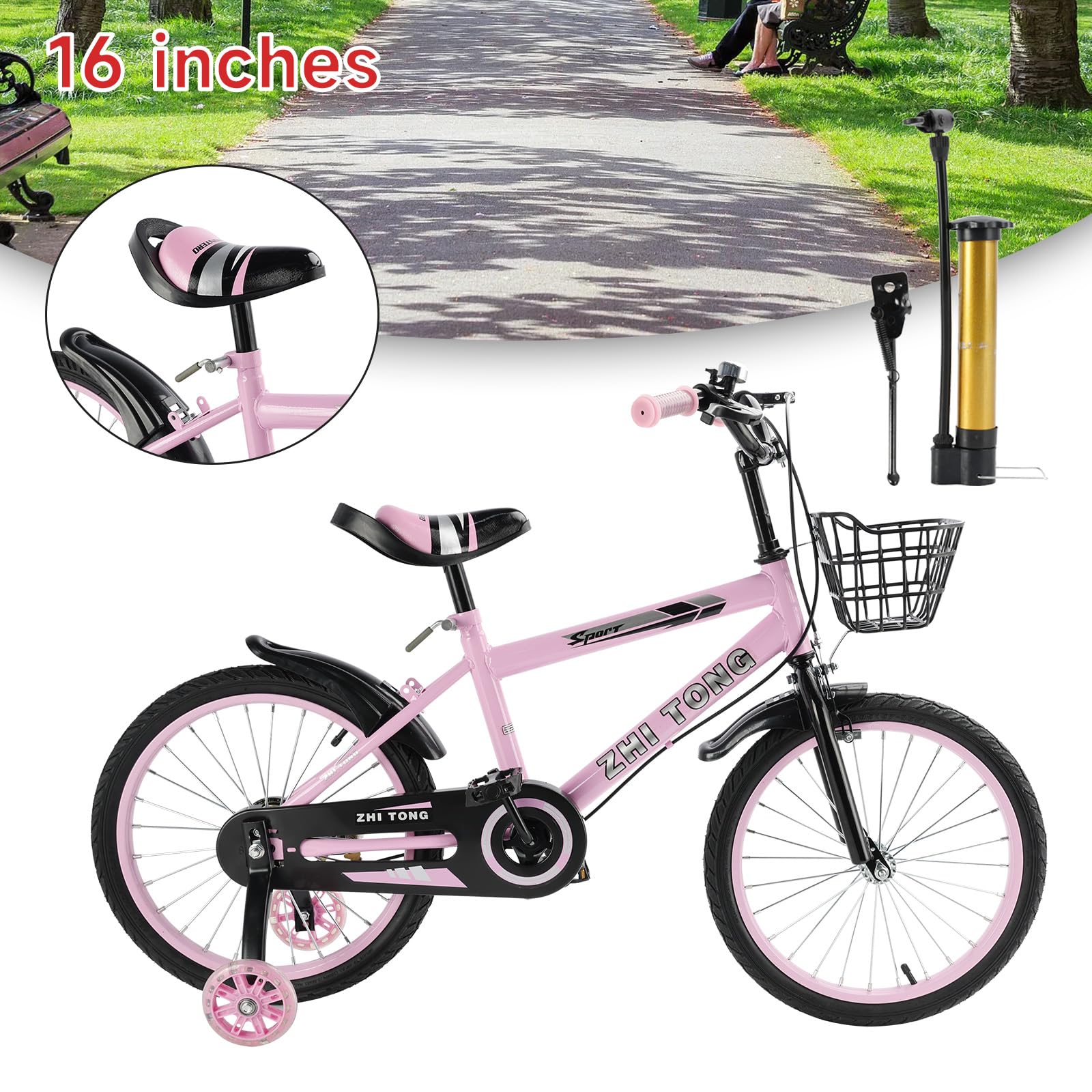 16 Zoll Kinderfahrrad, Verstellbarer Sitz & Lenker, Kohlenstoffstahlrahmen, Doppelbremsen, Stoßfeste Speichenräder, Magnetisches Blitzrad, Abnehmbare Stützräder, Jungen/
