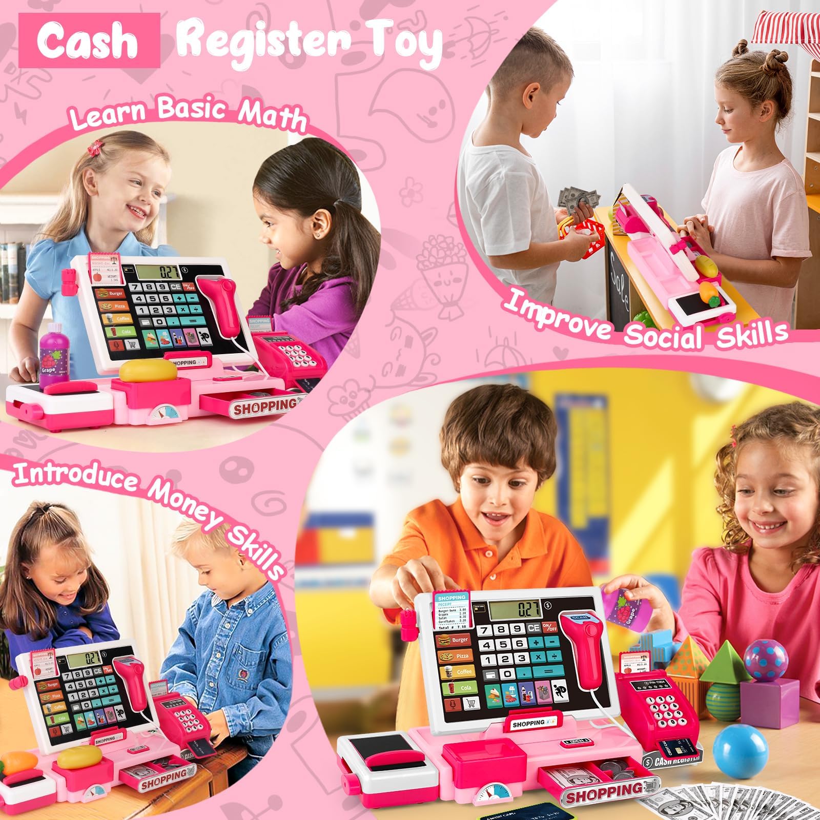 2025 Cassa Giocattolo per Bambini, Supermercato con Microfono/Scanner/Scontrino/Soldi Finti/Pos/Carte di Credito/Giochi Alimentari e Calcolatrici Reali, Rosa