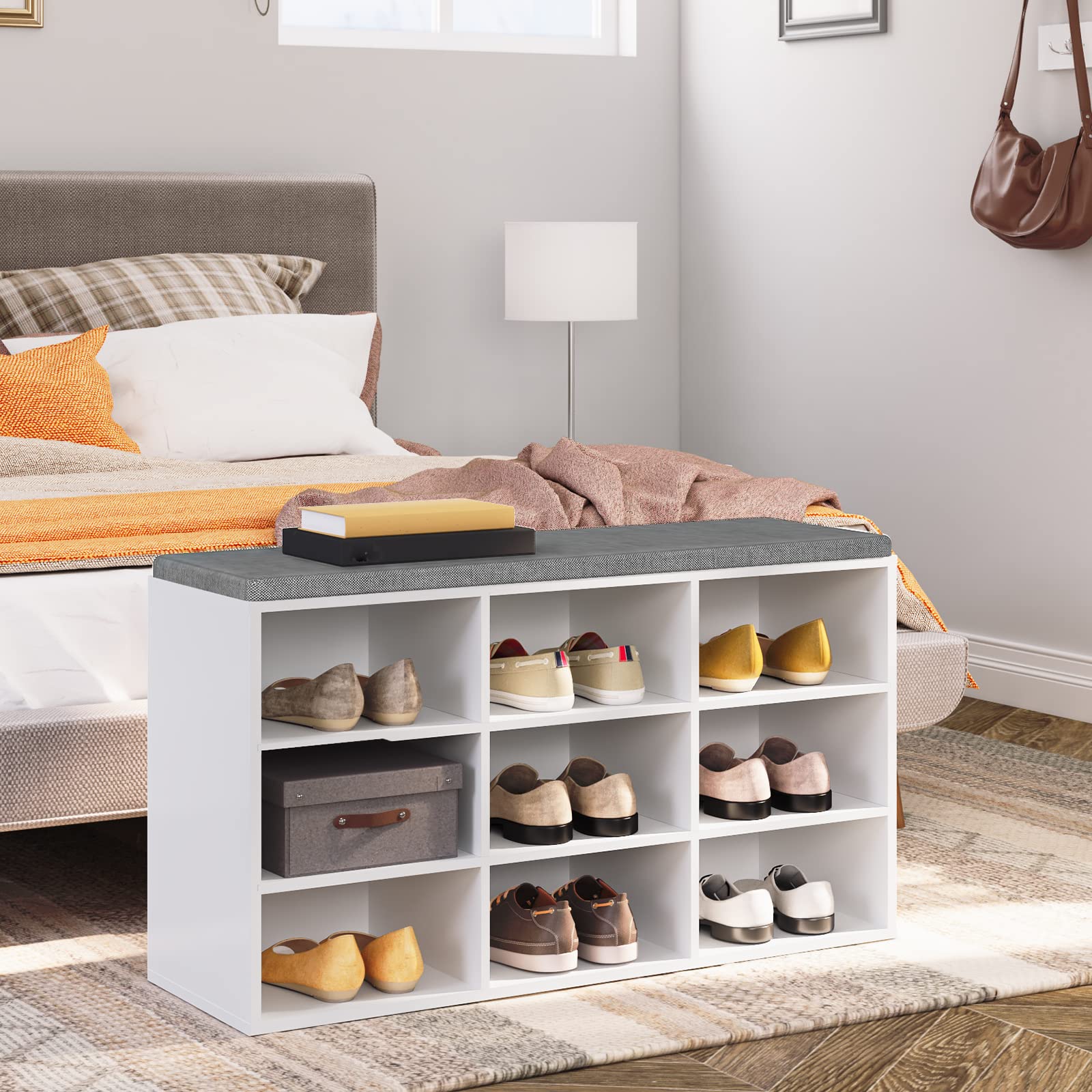 HOOBRO Garderobe Schuhregal Set, Schuhbank mit 9 F Cher, Schuhregal mit gepolsterter Sitzbank, Wandgarderobe mit 9 Haken, Schuhschrank f r Flur, Eingangsbereich, Schlafzimmer wei EWT89HX01