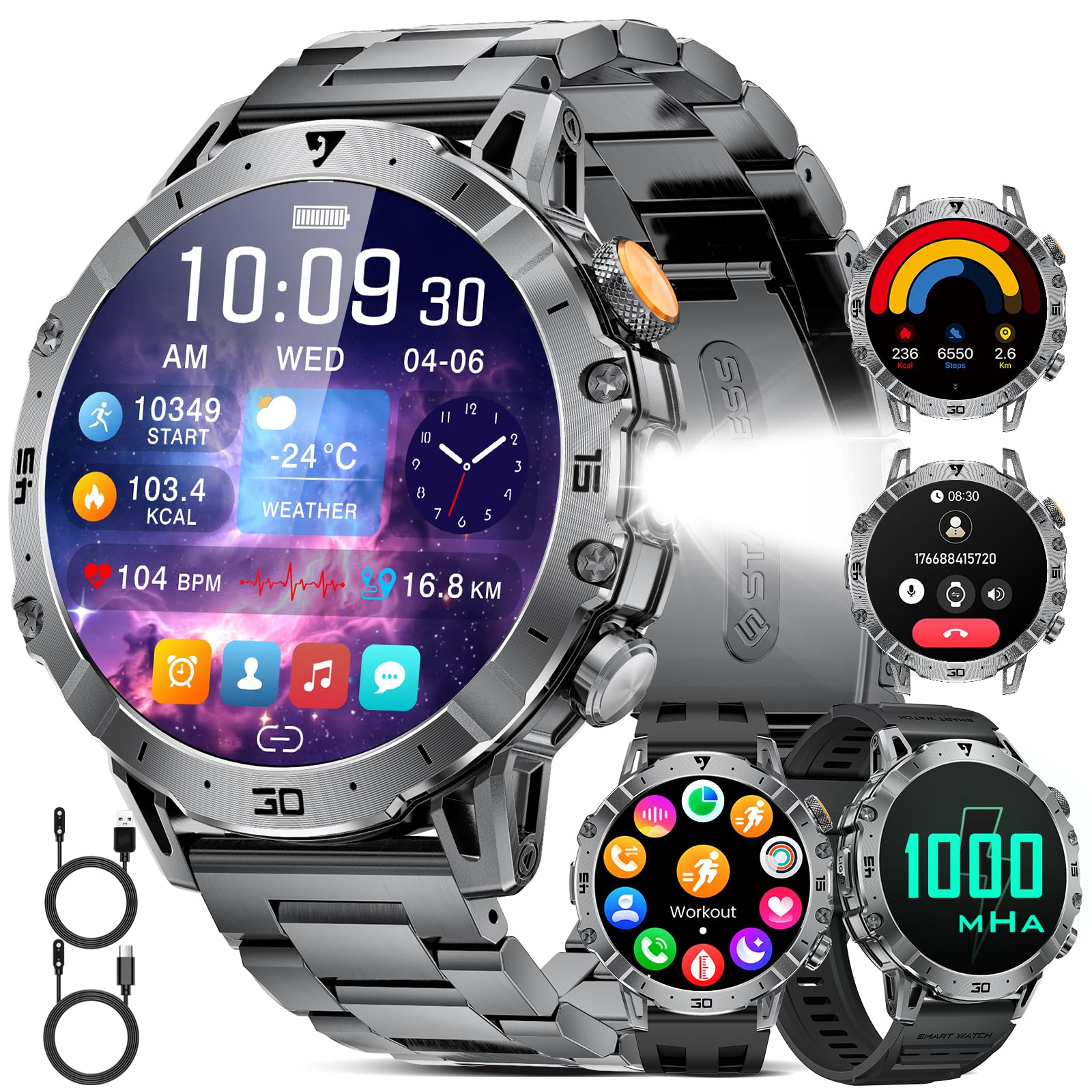 EF18 Montre intelligente militaire pour homme, grande batterie de 1000 mAh, montre intelligente HD de 4,85 cm avec lampe de poche LED/sommeil/plus de 100 sports, étanche IP68 pour Android iOS