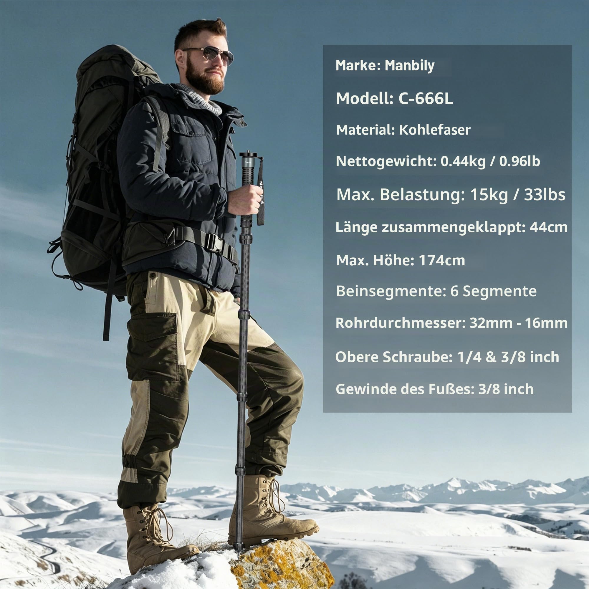 Manbily C-666L 32mm Einbeinstativ Carbon für Kameras 44cm-174cm Kohlefaser Monopod Stativ DSLR Reise-Einbeinstativ 6 Abschnitte Wanderstöcke Max. 15KG, 1/4 & 3/8 Zoll für Videokamera