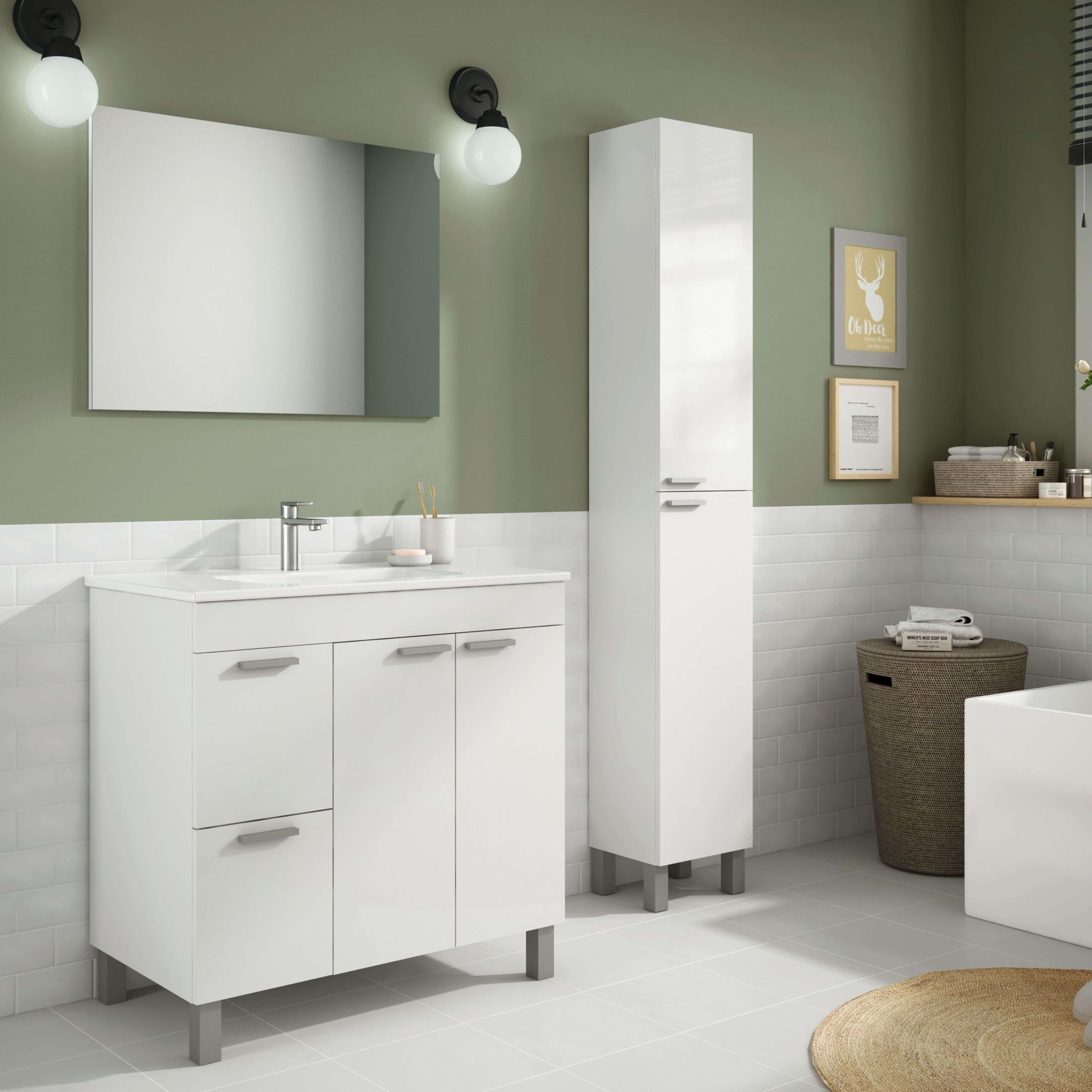 ARKITMOBEL– Columna de Baño Alta con 2 Puertas y 4 Patas, Mueble Auxiliar de Baño, Color Blanco Brillo, 30x182x25 cm – Modelo Koncept