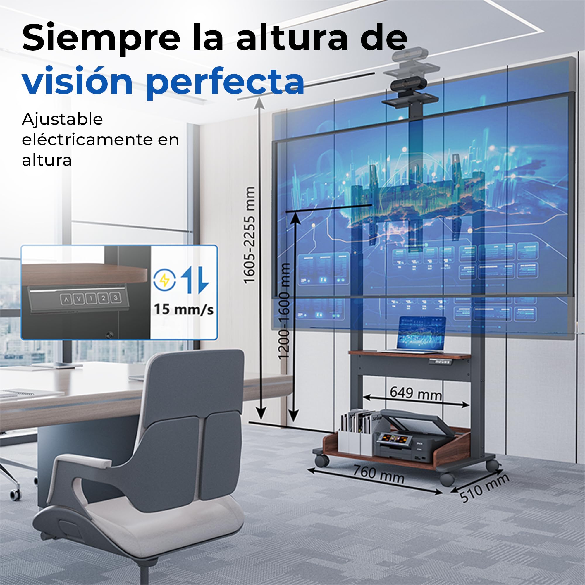 DQ TV Elevador Zelos eléctrico para TV de 37 a 85 Pulgadas Soporte de Enrollable, regulación de Altura Mediante Mando motorizado de Carga hasta 70 kg, 3 estantes y regleta de enchufes, Nogal Negro