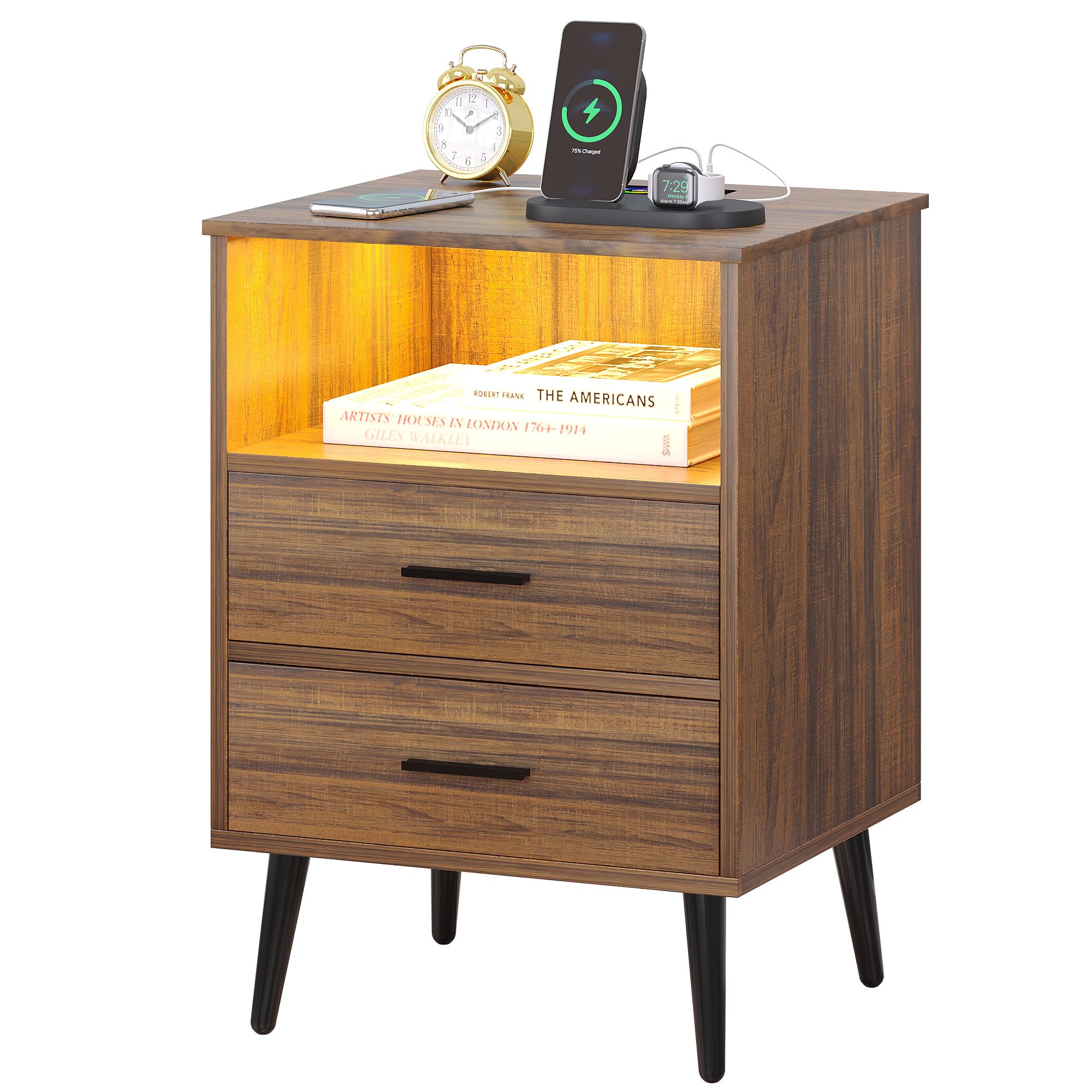 FREDEES LED Nightstand with Charging Station, Smart Bedside Tables with USB/Type-C & RGB Light, Night Stand with Human Sensor, 2 Drawers & Open Shelf, End Table for Bedroom (Brown)