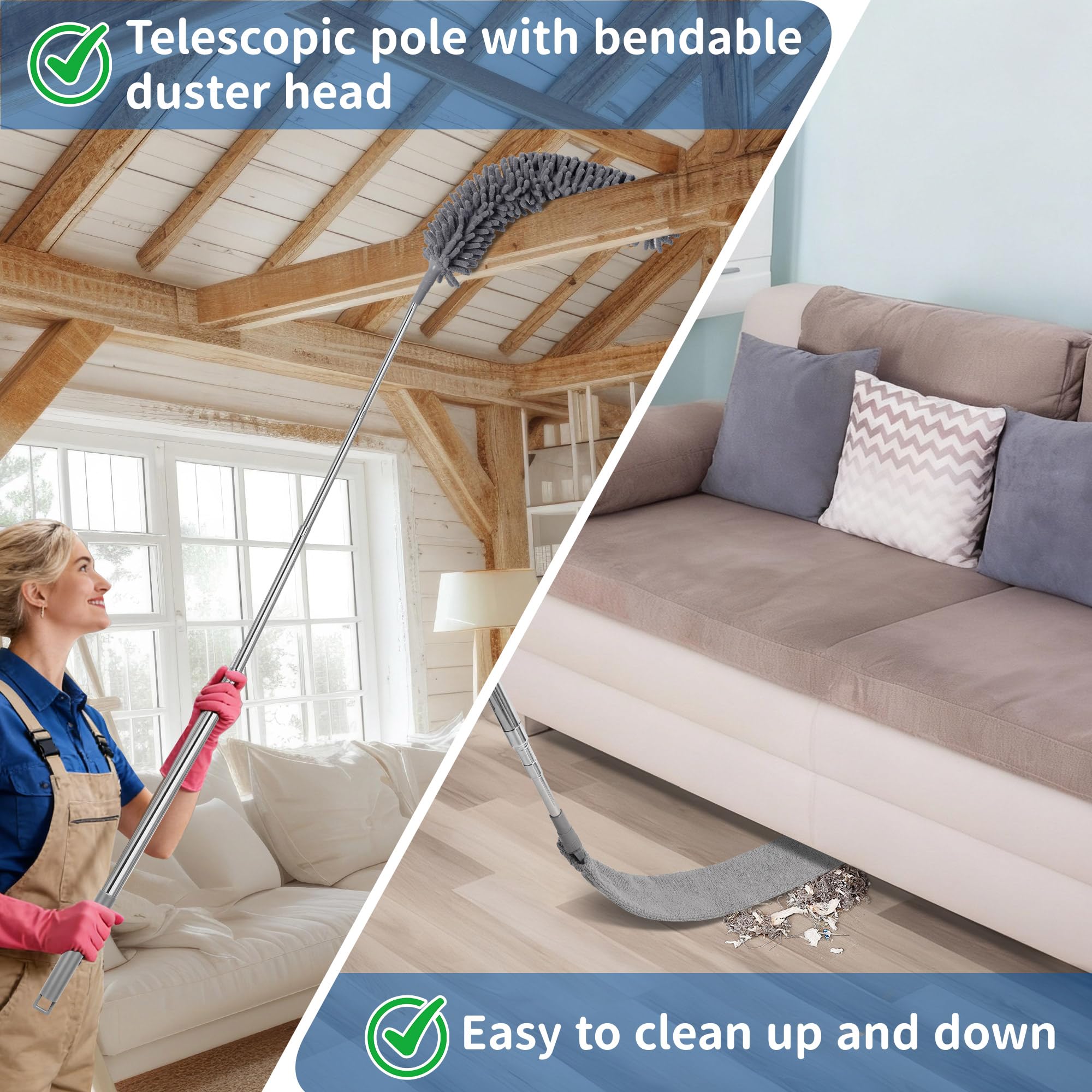 Plumero atrapapolvo Lavable, Kit de 9. ¡Plumero telescópico Extensible de 250 cm con Cabeza Flexible! Limpia sin Esfuerzo techos Altos, bajo Muebles, Grietas y telarañas