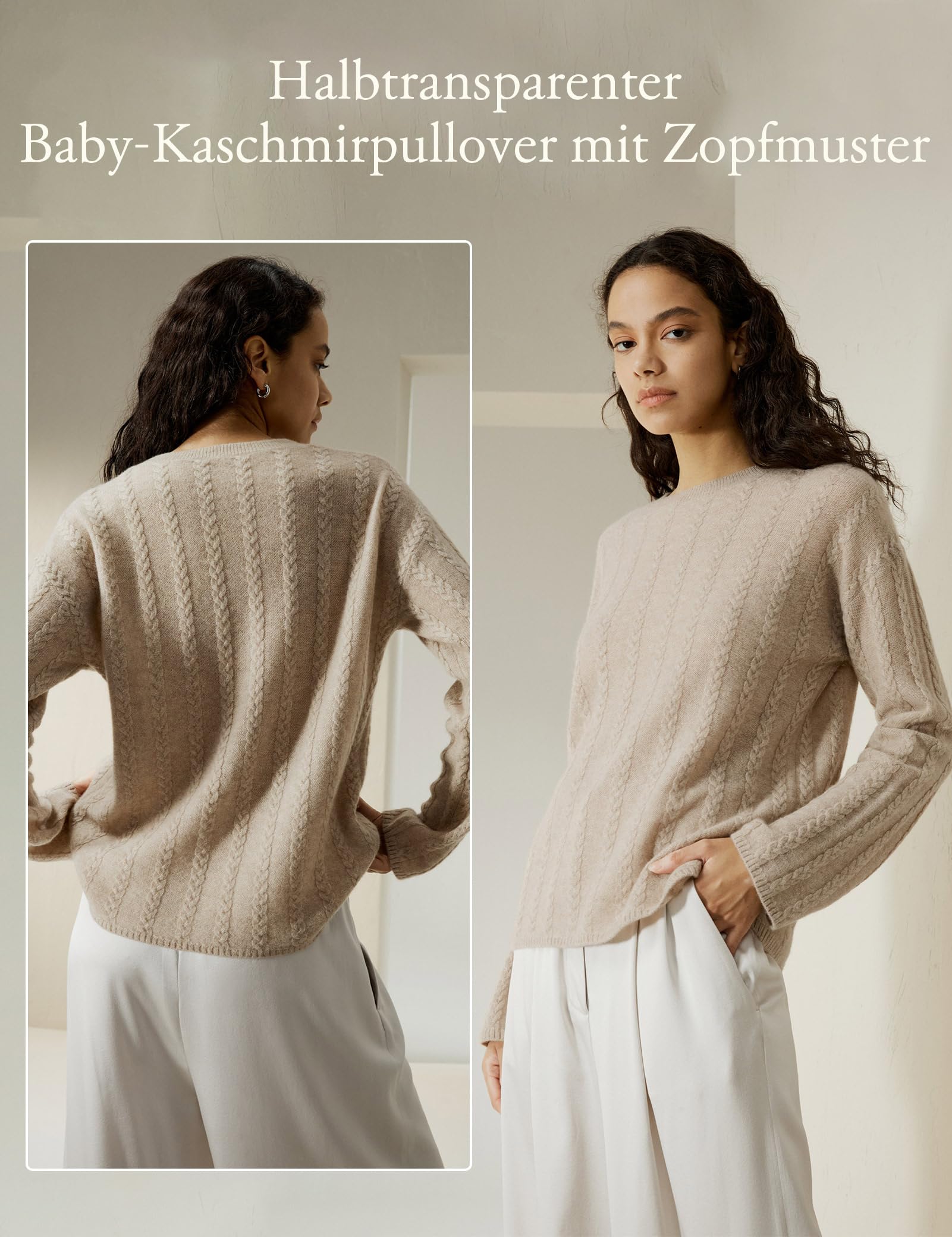 LilySilk Damen Oversized Pullover Drop-Shoulder 100% High-Premium Baby Kaschmir Kausal Kabel Strickpullover für Herbst