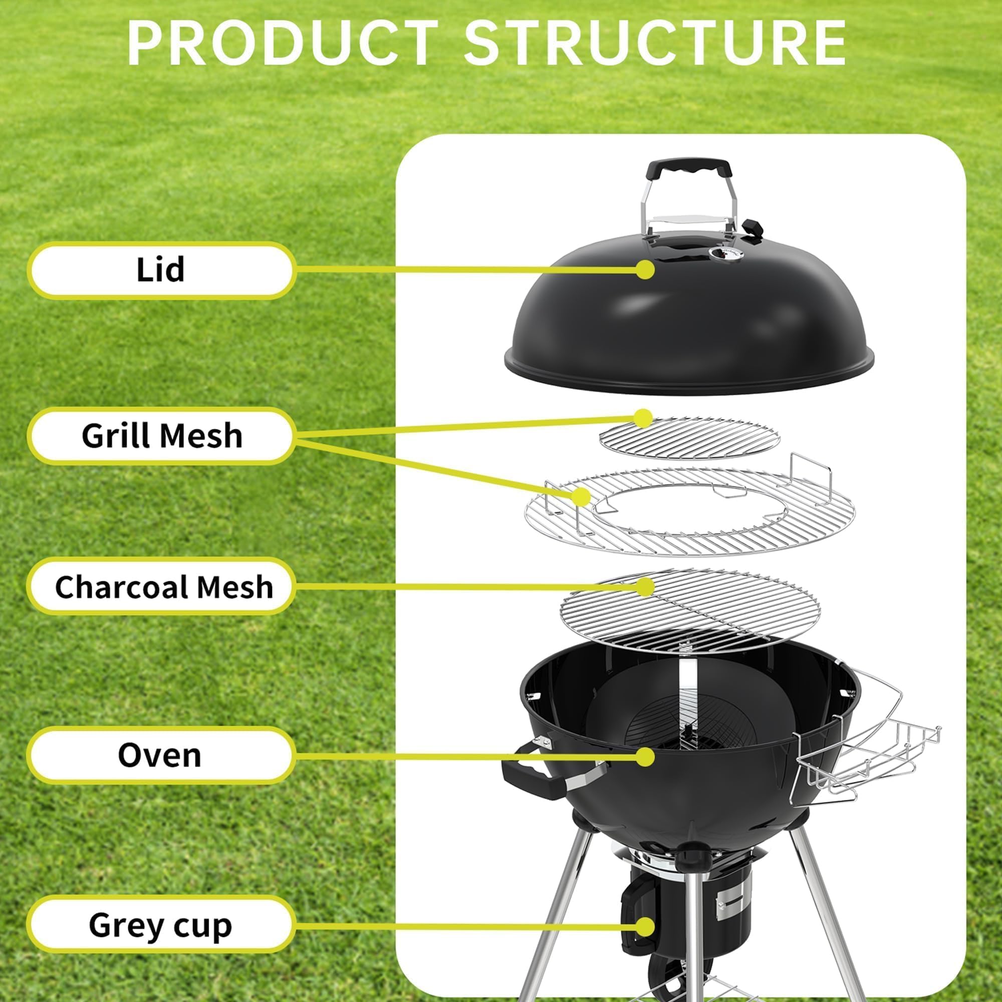 TEENO Barbecue Charbon de Bois 21 Inch Compact Kettle Round XXXL Grande Taille Ronde Portable Amovible Convient à 10-20 Personnes 105.5x71x83cm
