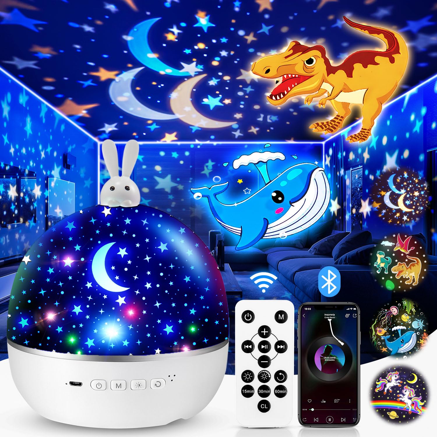 One Fire Dinosaur Night Light Projector, with 15 Films & Bluetooth Music and Remote-Controlled Dino Night Light, Rechargeable Star Projector for Kids, Dino Decor Dinosaur Gifts for Boys.