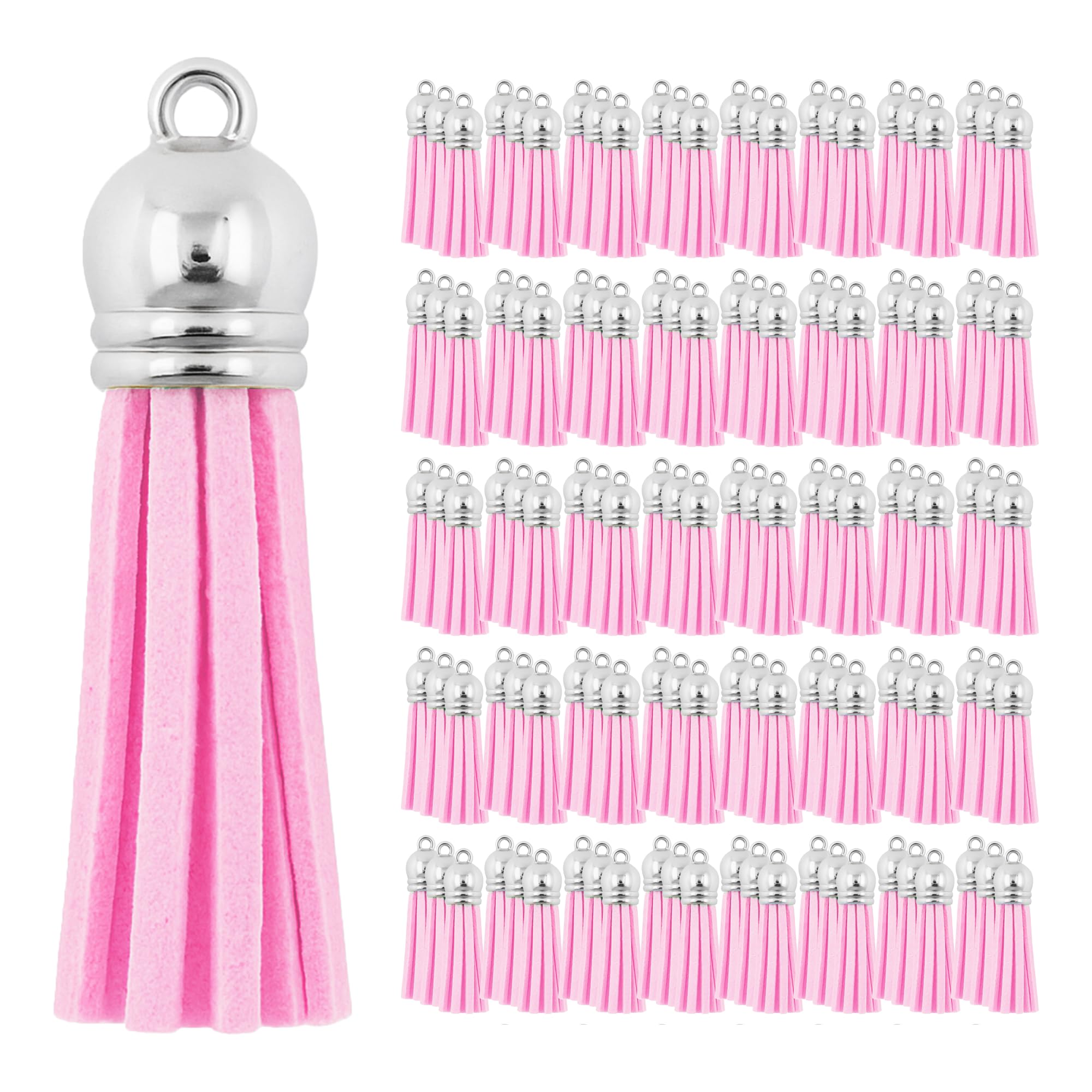 Mandala Crafts 100 Pcs Silver Cap Light Pink Faux Suede Tassels Bulk Keychain Making Supplies - Small Leather Tassels for Charms, Jewelry Making, and