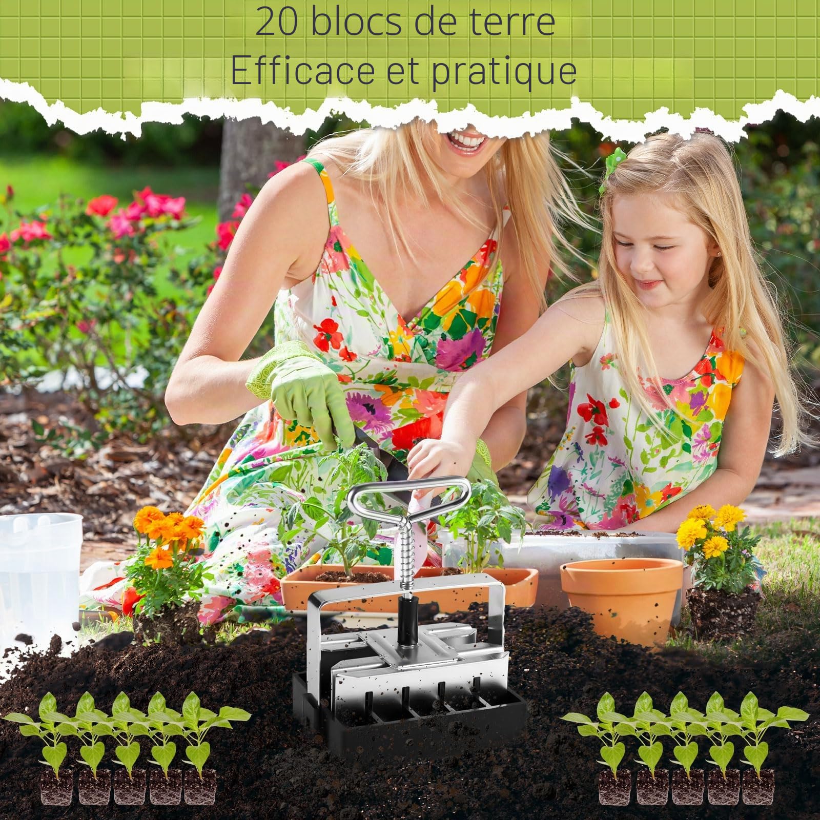 Mini Blocage du Sol à la Main avec 20 Cellules, 1,92cmx1,92cm Bloqueur de Sol Manuel de Fer avec Distributeur de Graines pour Plantes d'Intérieur et d'Extérieur