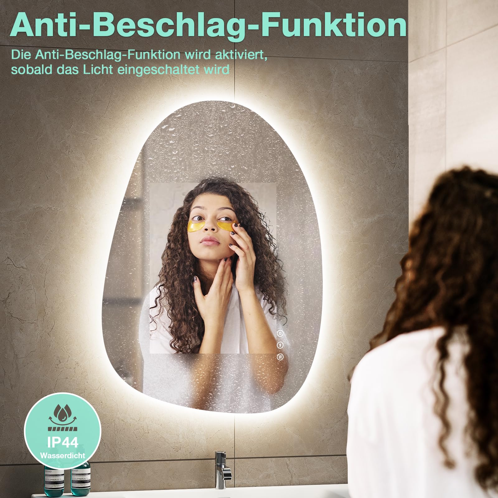Badezimmer Spiegel mit Beleuchtung 83 × 60 cm, 3 Lichtfarben, Dimmbar, Antibeschlag, Asymmetrischer Spiegel mit Beleuchtung, Touch-Schalter, Memory-Funktion Horizontal/Vertikal
