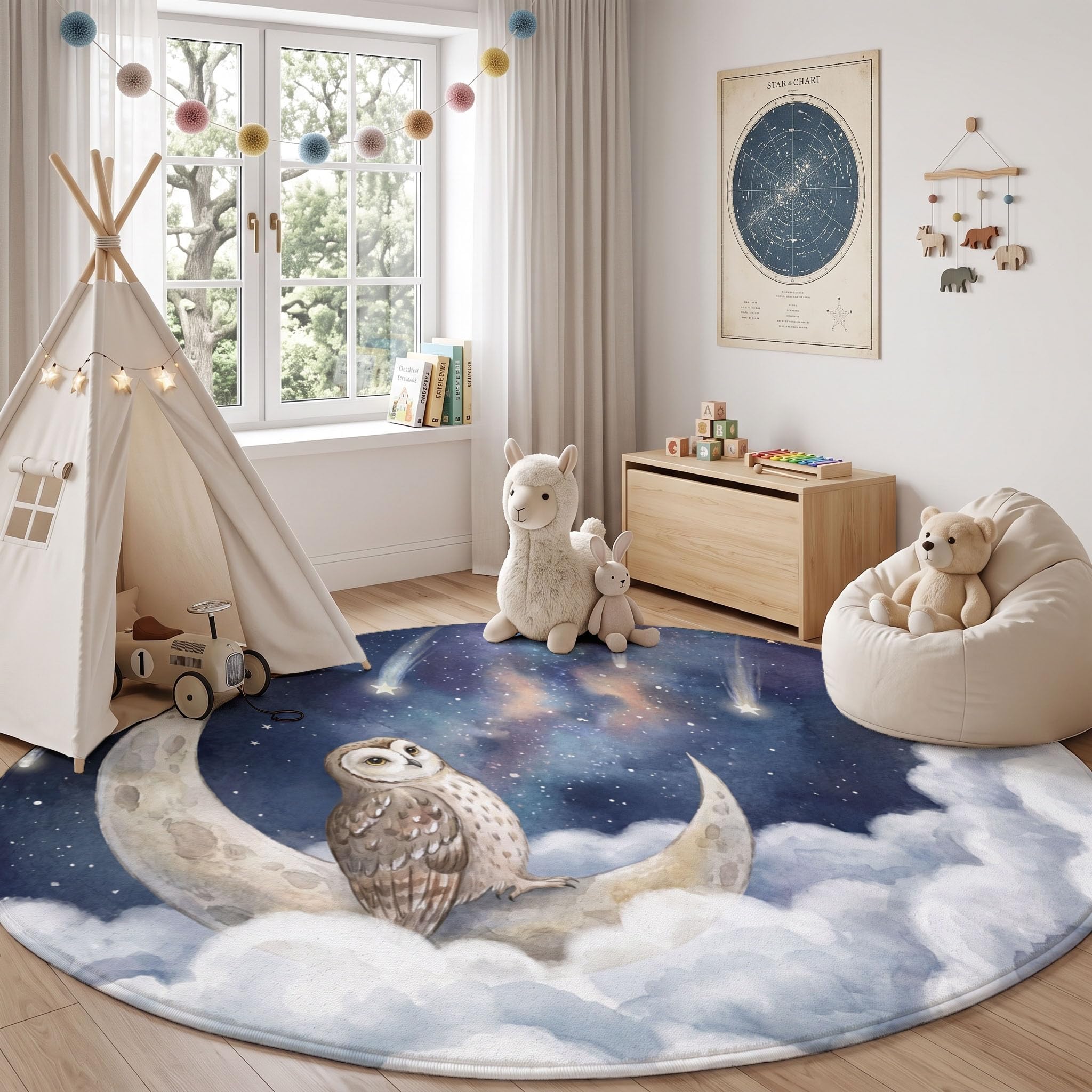 Tapis Rond Lavable La Lune Le Hibou pour Salon 100 cm
