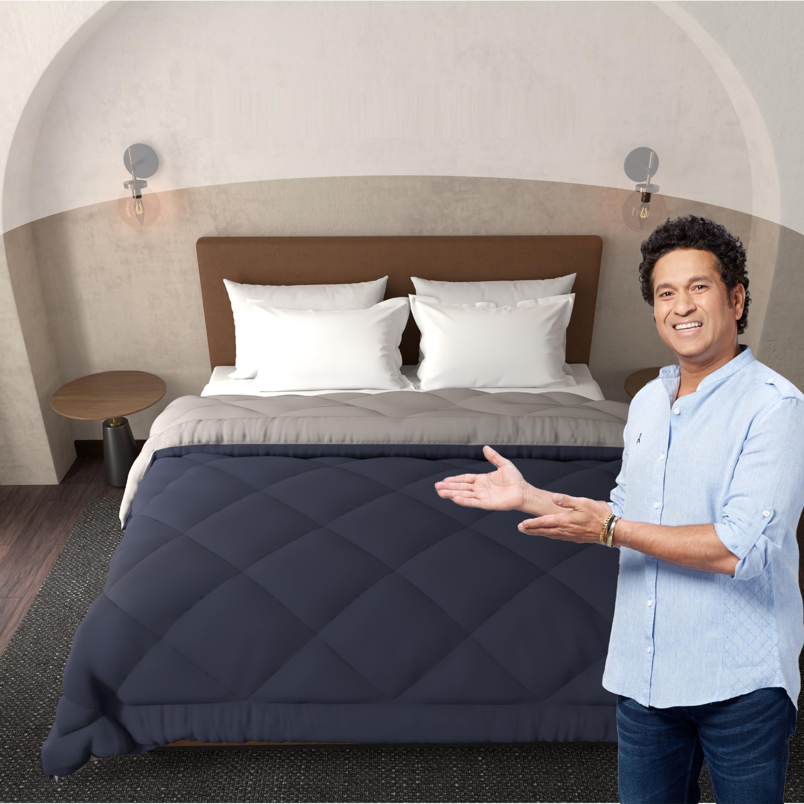 Livpure Smart All Weather Microfiber Reversible | Super Soft | Lightweight 200 GSM Comforter, Single Size Duvet Quilt (60" x 90", Dual Color - Navy Blue & Grey)| TC - 200