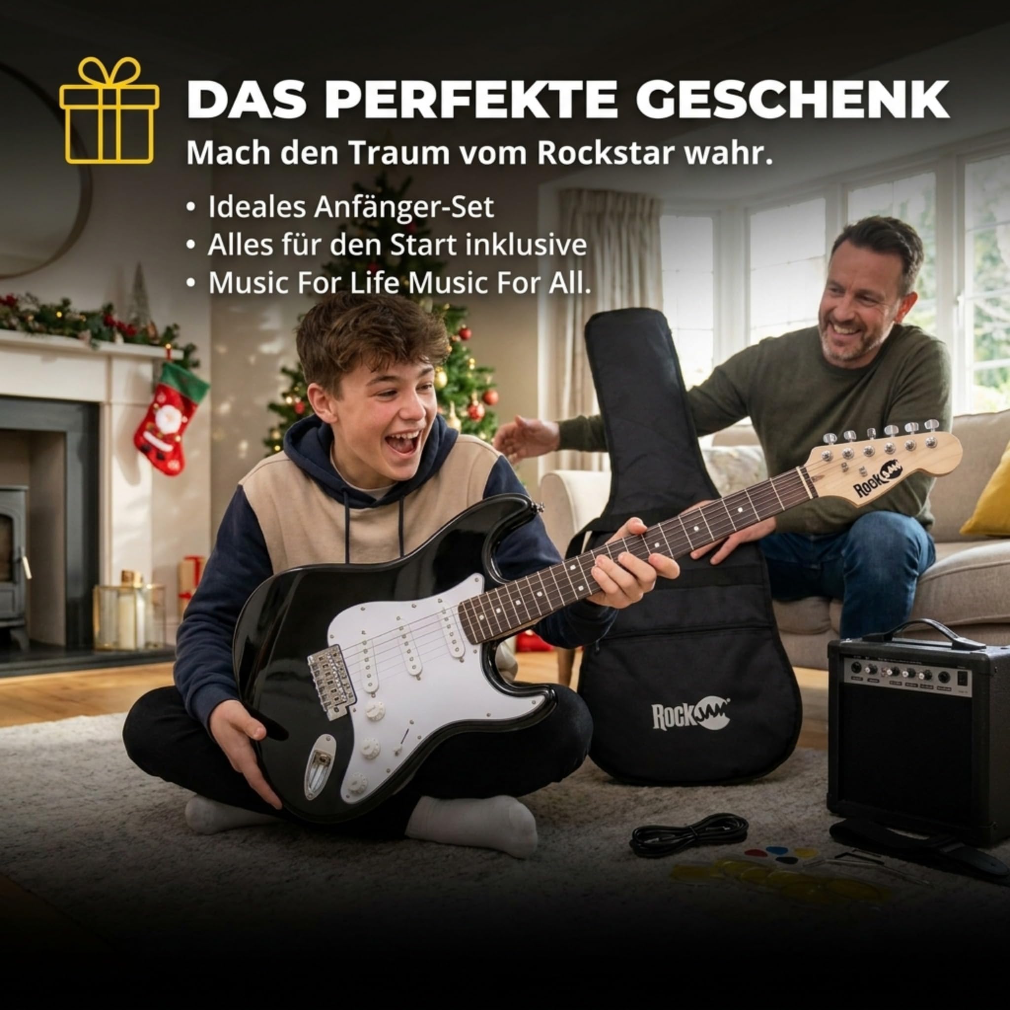 RockJam E-Gitarren-Set volle Größe für Anfänger, Schwarz, 6 Saiten mit 10-W-Verstärker, Tasche, Gurt, Kabel, Plektren und Tremolo