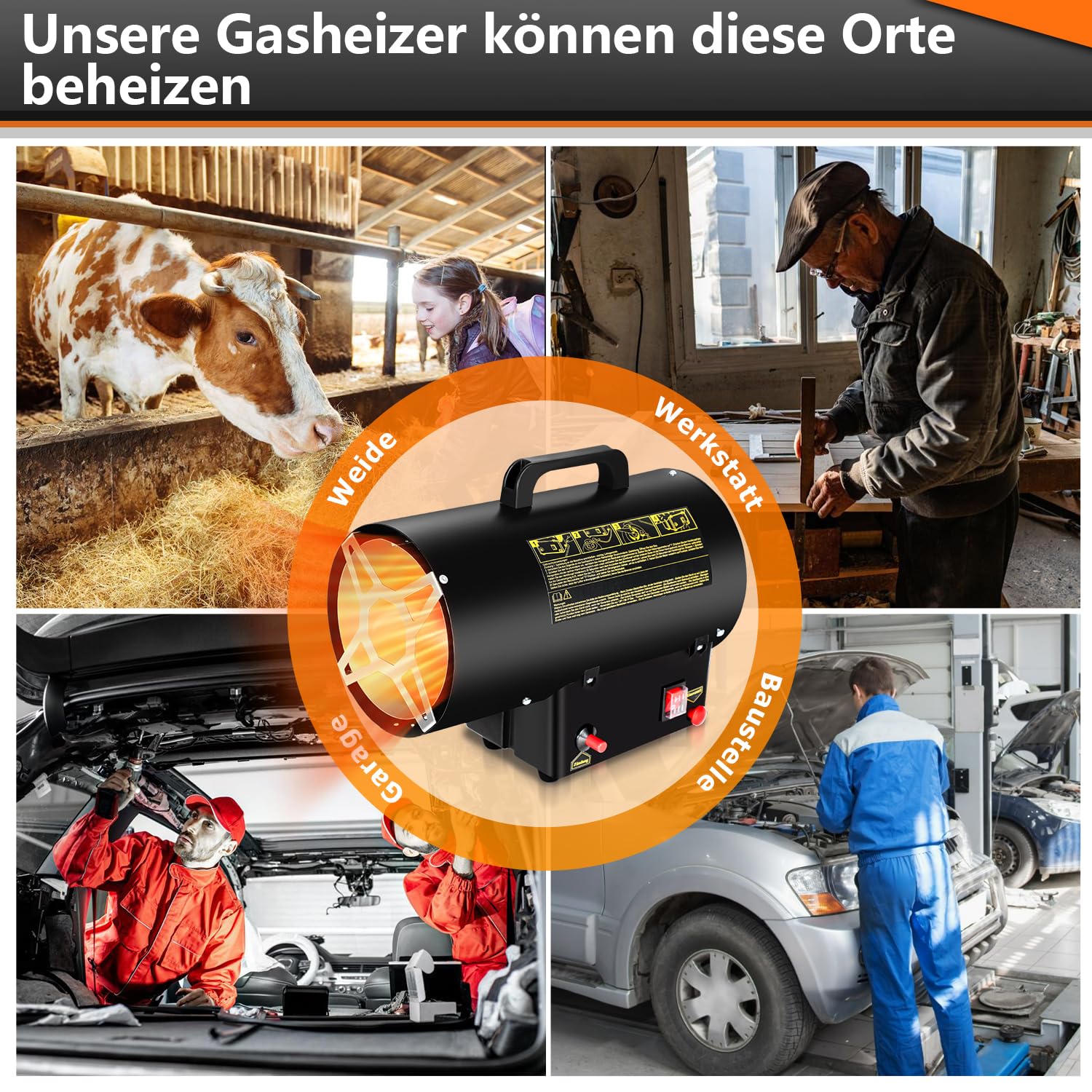 Gasheizgebläse 15 KW Gasheizer Heizkanone,gasheizung für innenräume, 700 mbar Gasheizstrahler inkl. 1.2m Verbindungschlauch, IPX4, Bauheizer für Gasflasche, Strahlungsbereich ca.225㎡