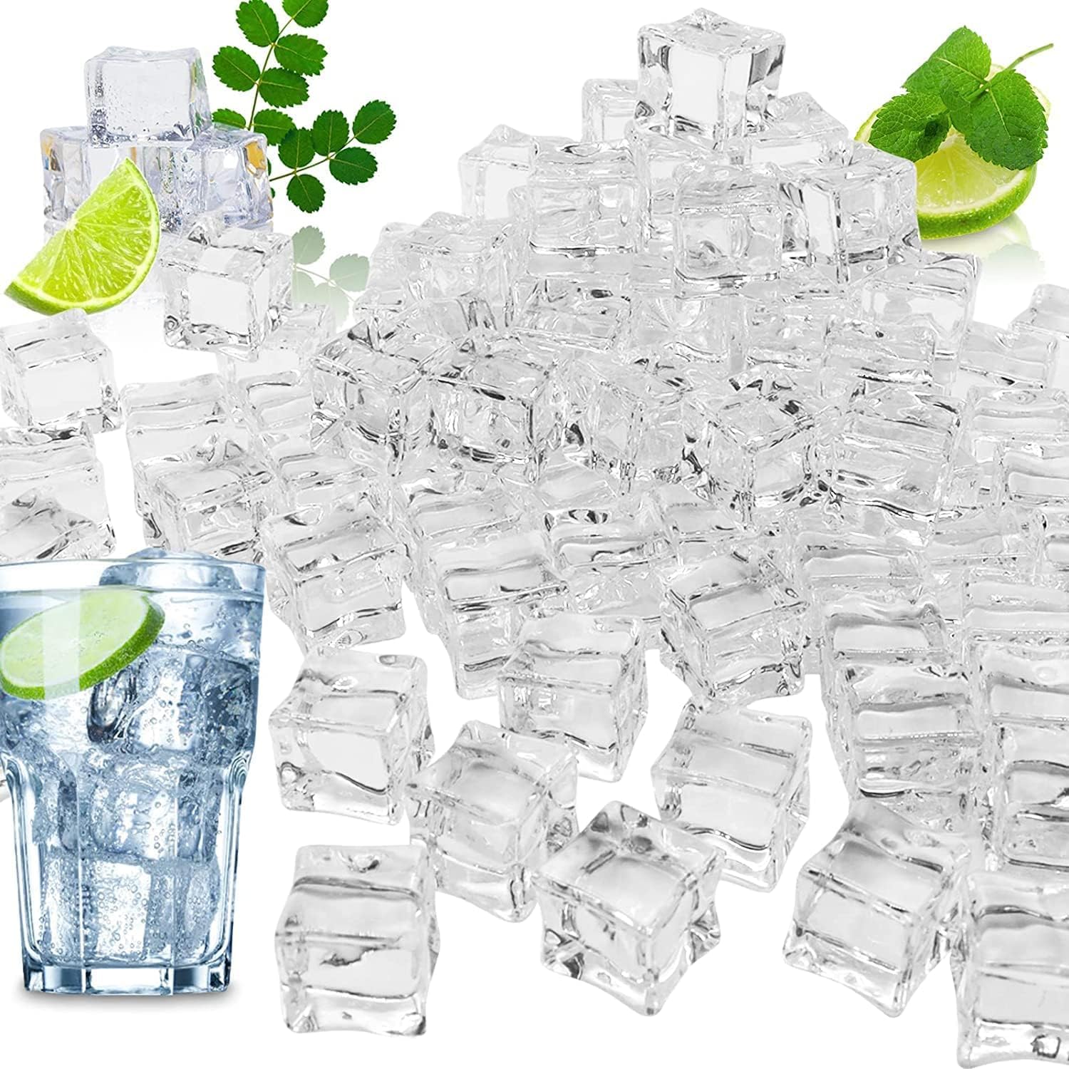 50 Pcs Reusable Plastic Ice Cubes, Clear Acrylic Decorative Ice Cubes Display, Artificial Square Crystal Fake Ice Cubes, for Home Decoration Wedding Centerpiece Vase Fillers