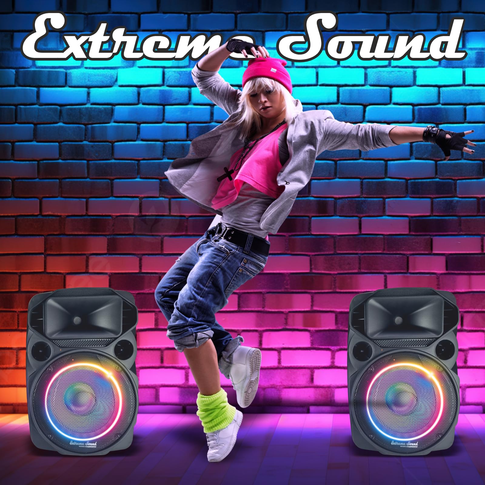 Extreme Sound Coppia Casse Audio Attiva e Passiva DJN 12 con coppia Microfoni Wireless,Bluetooth, 2000W Potenza Musicale - Perfette per Karaoke, Feste ed Eventi - Altoparlanti da 31 Cm, luci led