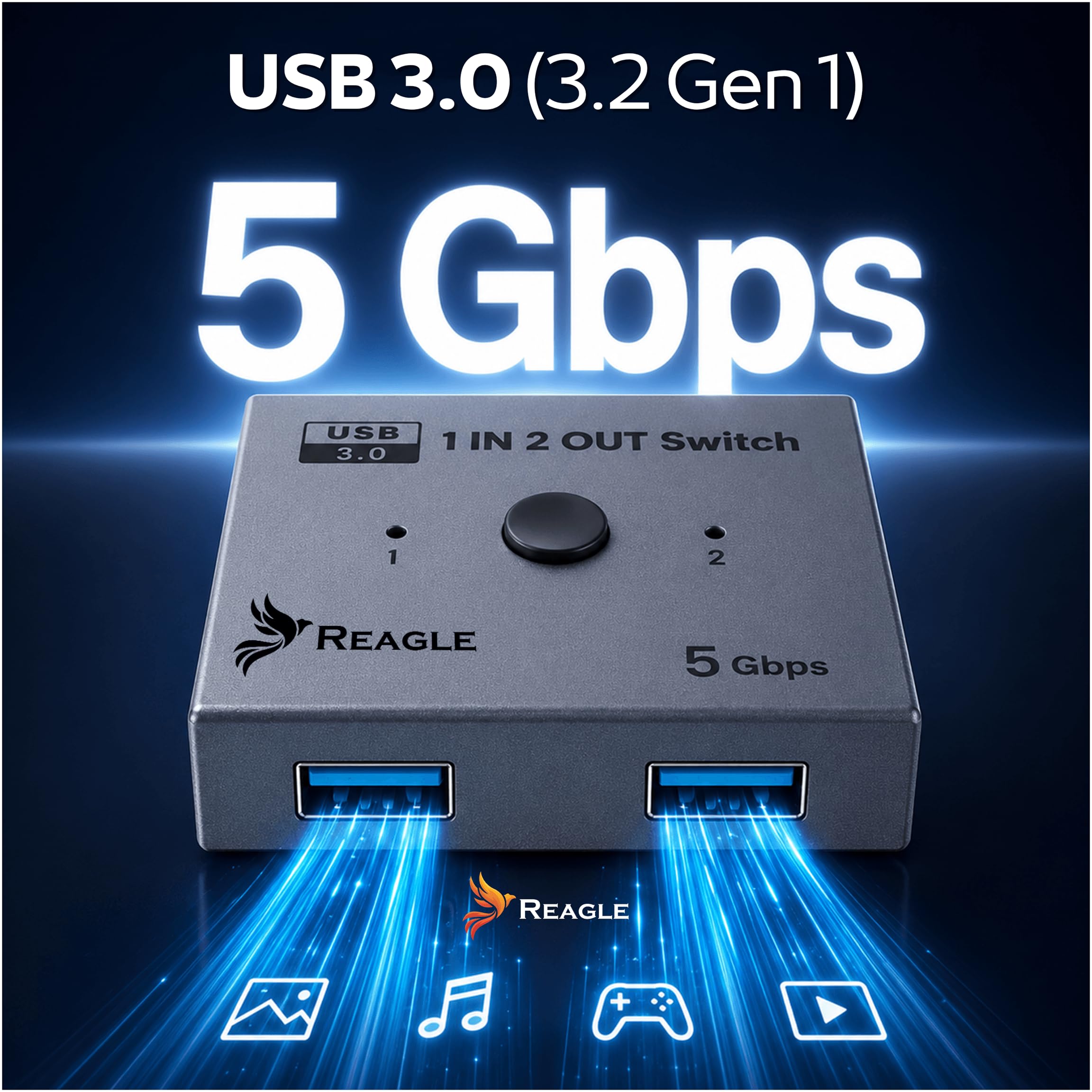 Reagle Switch USB 3.0 1x2 / 2x1, Dwukierunkowy Przełącznik USB A 5Gbps, 3 Porty USB 3.2 Gen 1, Plug & Play Aluminium do Klawiatury Myszy Drukarki Dysku USB PC Mac Linux