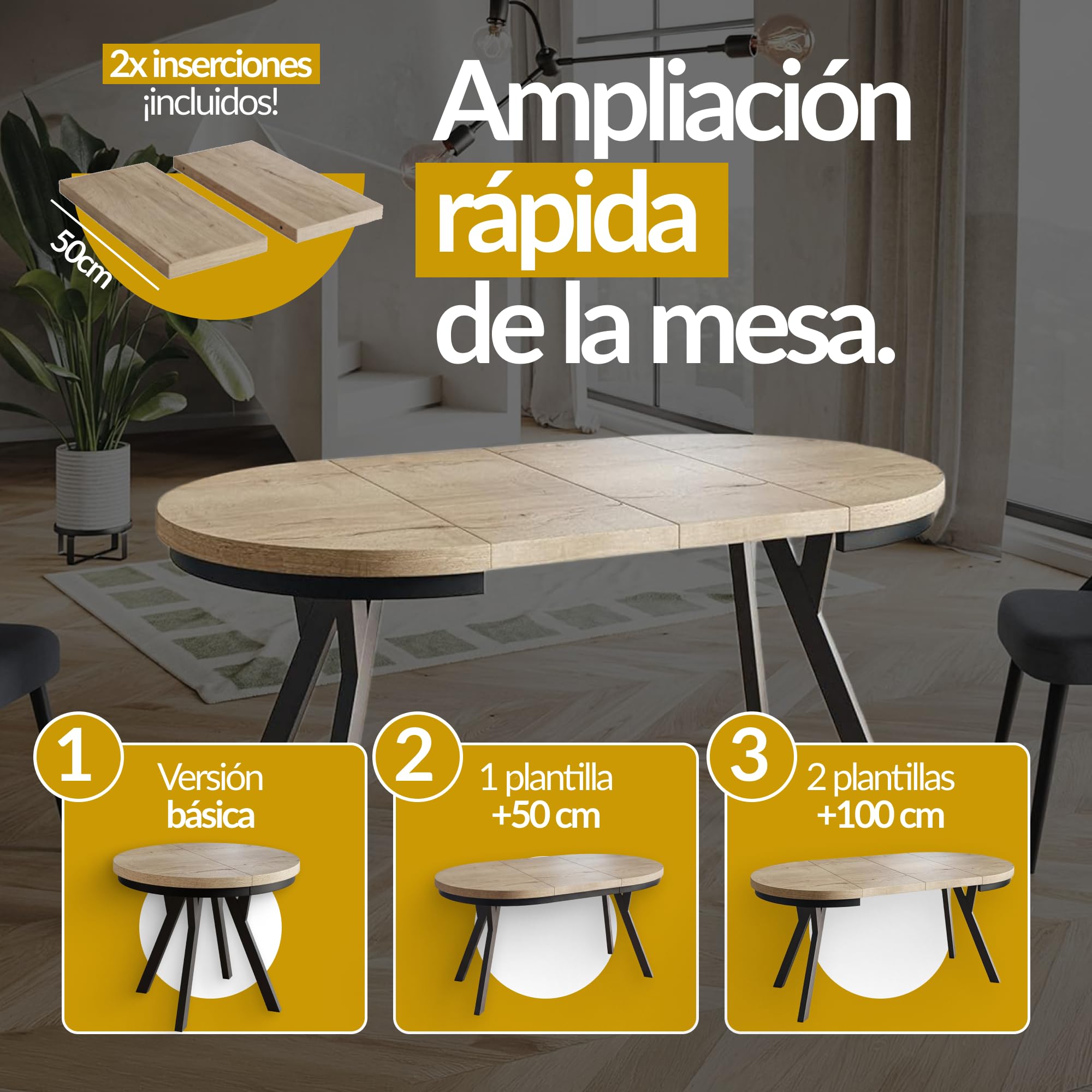 Mesa Comedor Extensible Redonda EVO, 90-190 cm, Lancelot | Mesa Redonda Extensible, Tablero Laminado de 36 mm, Piernas sólidas, Patas Blancas