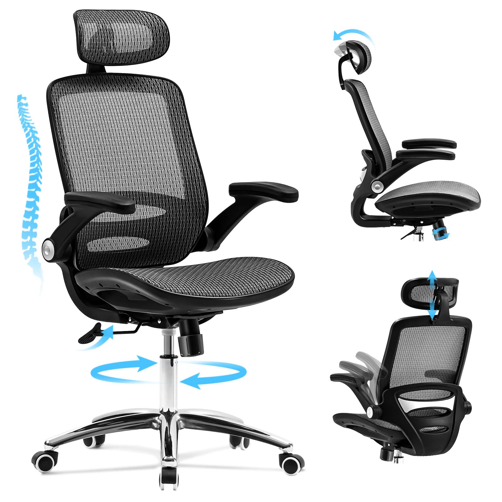Photo 1 of Ergonomic Mesh Office Chair, High Back Computer Mesh Desk Chair with Adjustable 2D Headrest & Flip Up Arms, 135°Tilt Function, Mesh Seat, Breathable Swivel Executive Task Chair for Tall People