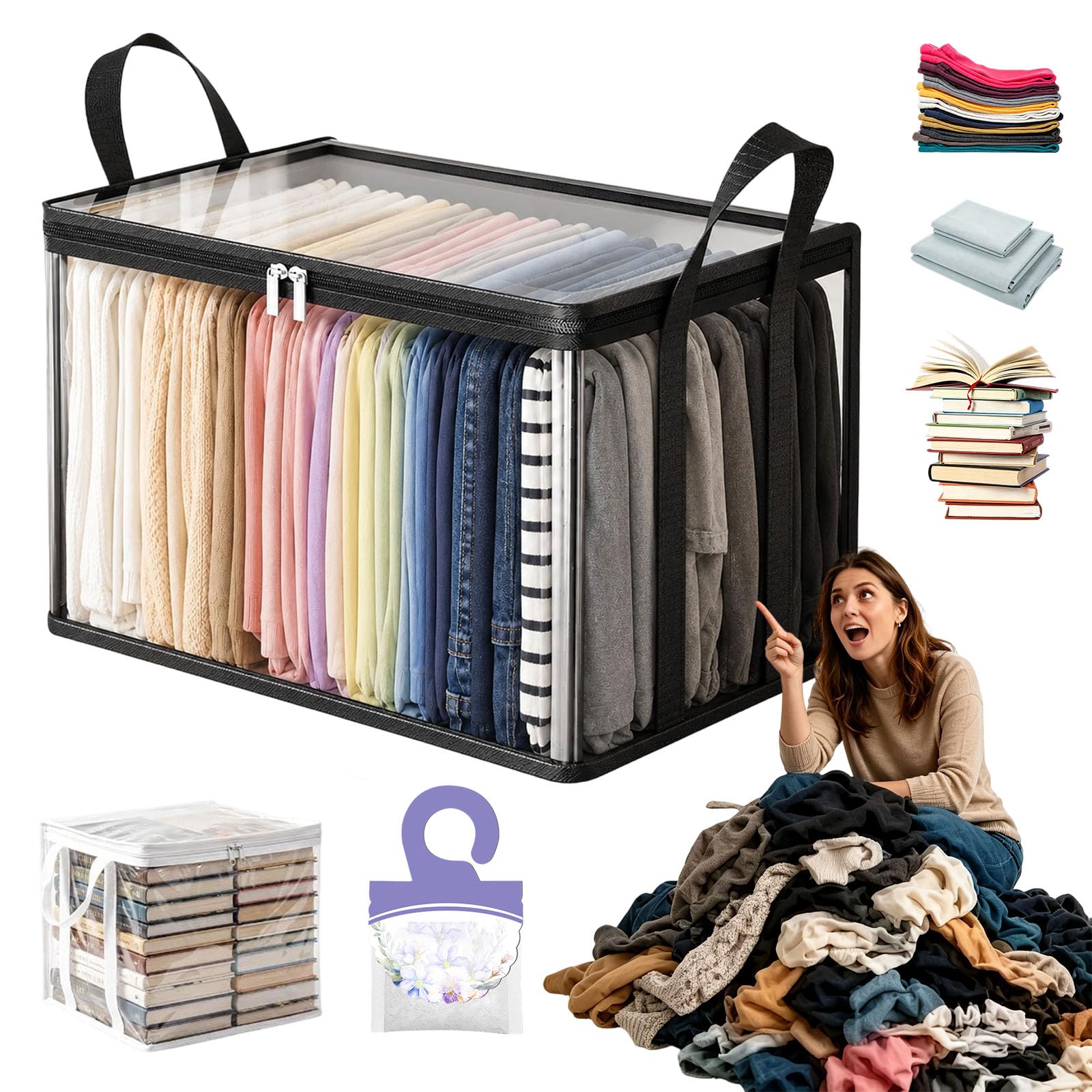 Large Heavy-Duty Thick Plastic Clear Storage Bag for Clothes, Moving & Storage, Clear Plastic Storage Boxes with Hinged Lid, Stackable & Dustproof Organization Bins, Maximize Closet Space (Black,1M)