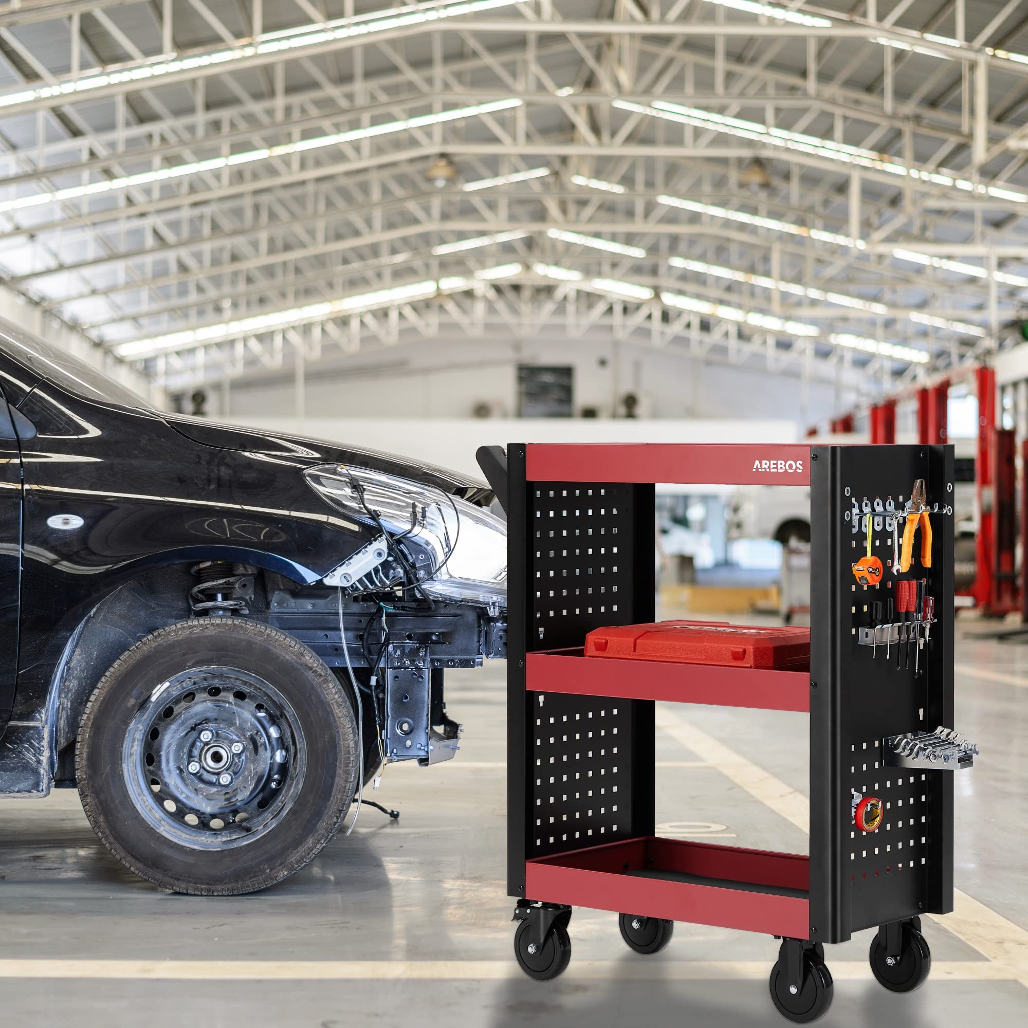 Arebos Chariot de Service Multifonctions | 3 Compartiments | Atelier, Outils, Transport et Stockage | Plateaux Multi-usages