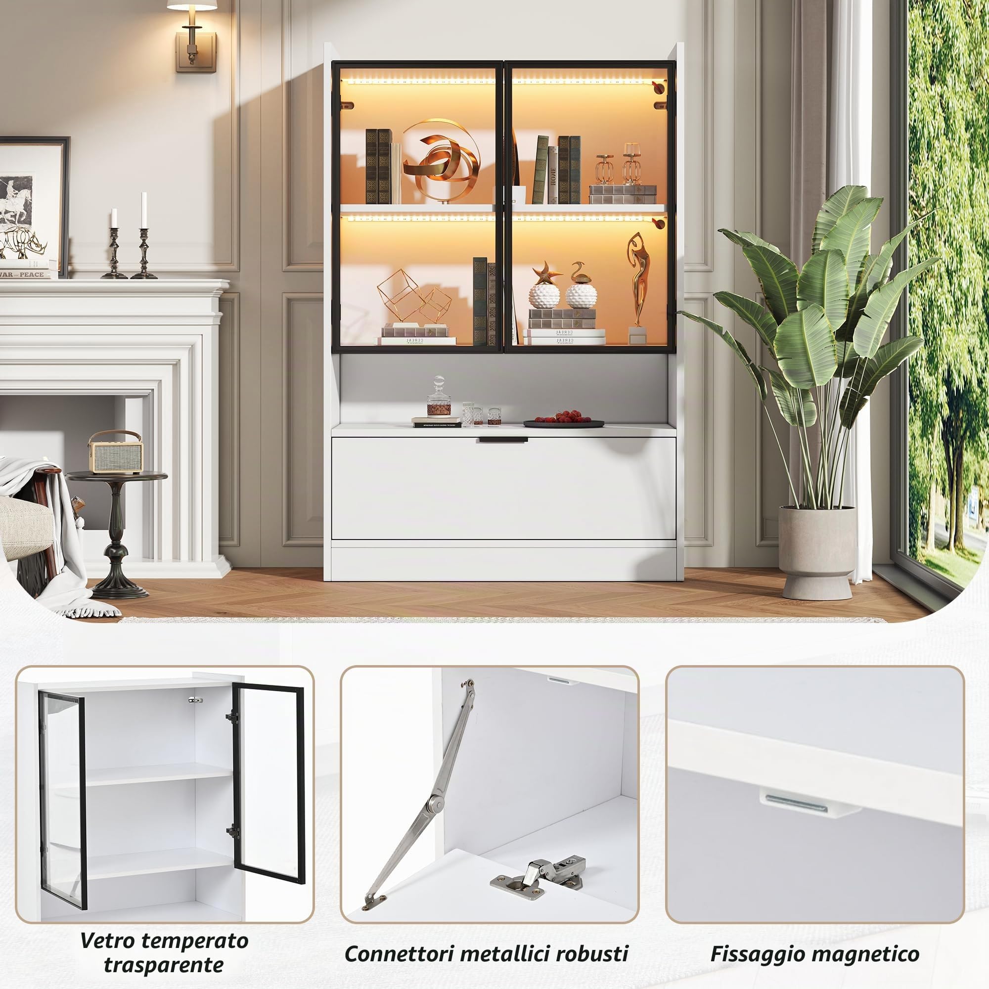 Azkoeesy Vetrina Bianca in Vetro con Luci RGB LED e App, 80x50x120 cm, Libreria, Credenza, Mobile Laterale, per Soggiorno e Sala da Pranzo