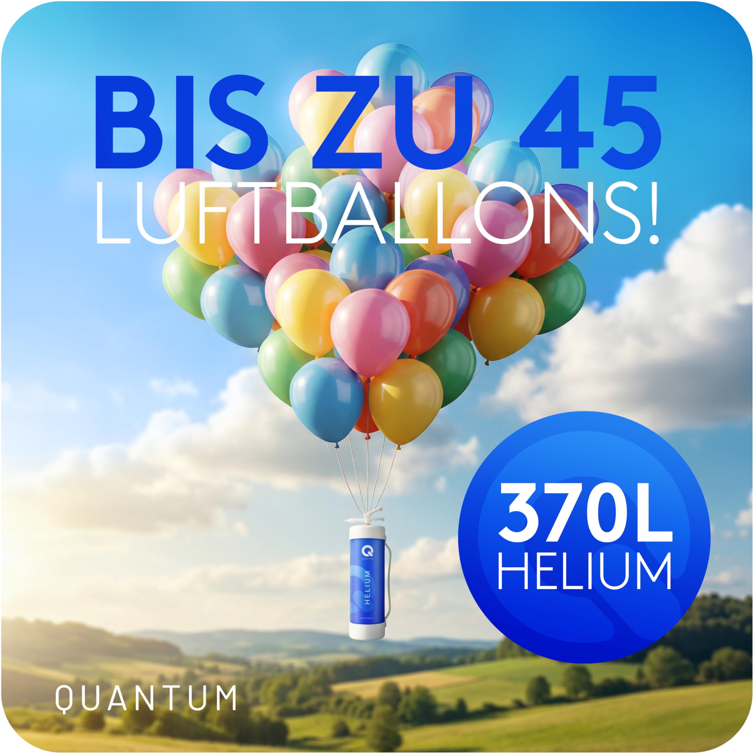 Quantum Ballongas Heliumflasche 370L für bis zu 45 Luftballons, Einweg Helium mit Ventil, sofort einsatzbereit für Geburtstag, Party und Hochzeit