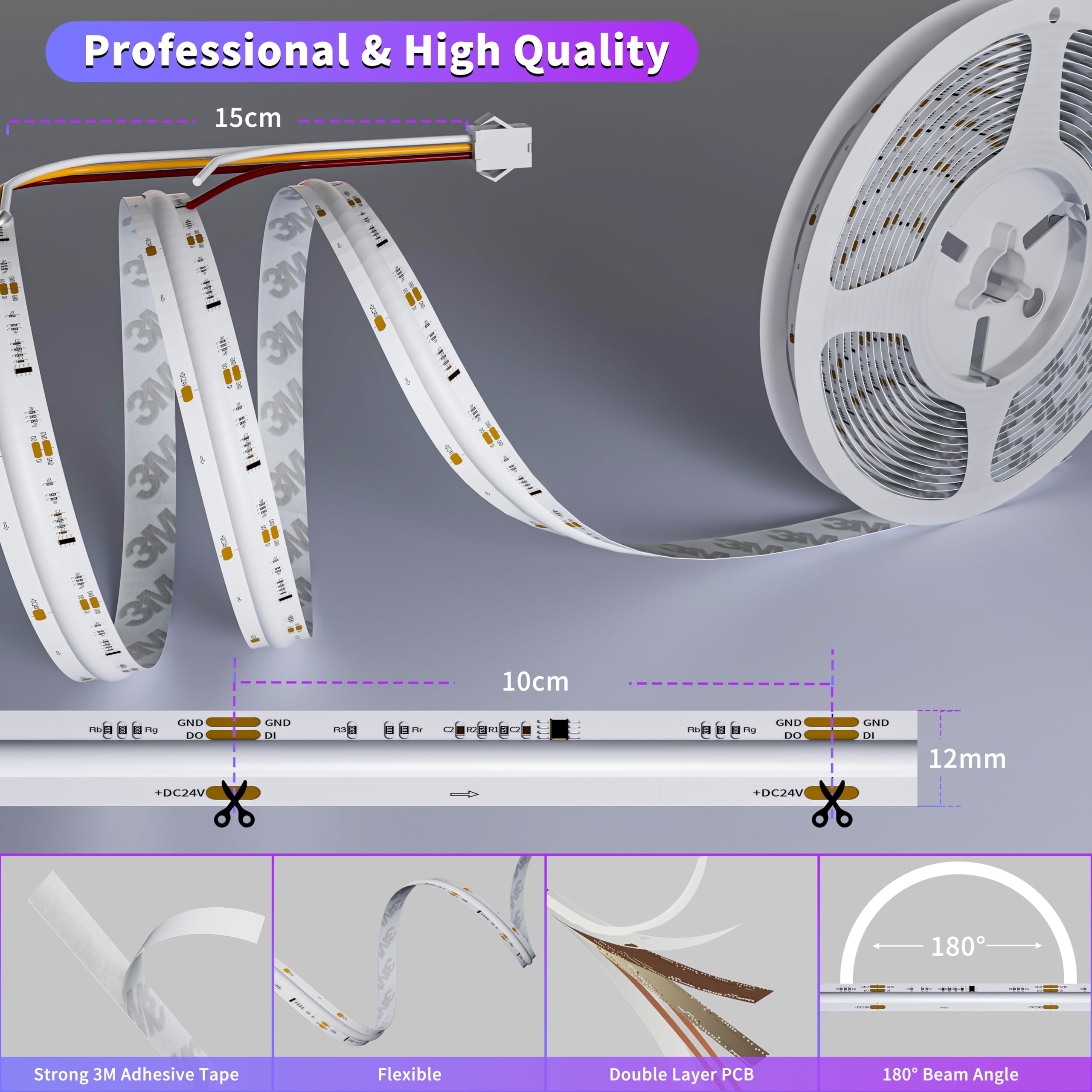 OULARA RGB COB LED Streifen Smart IC Adressierbare 10M,DC24V Farbe Wechselnde LED Streifen Mehrfarbige und weiß led strip light für DIY Dekoration(Controller & Adapter separat erhältlich)