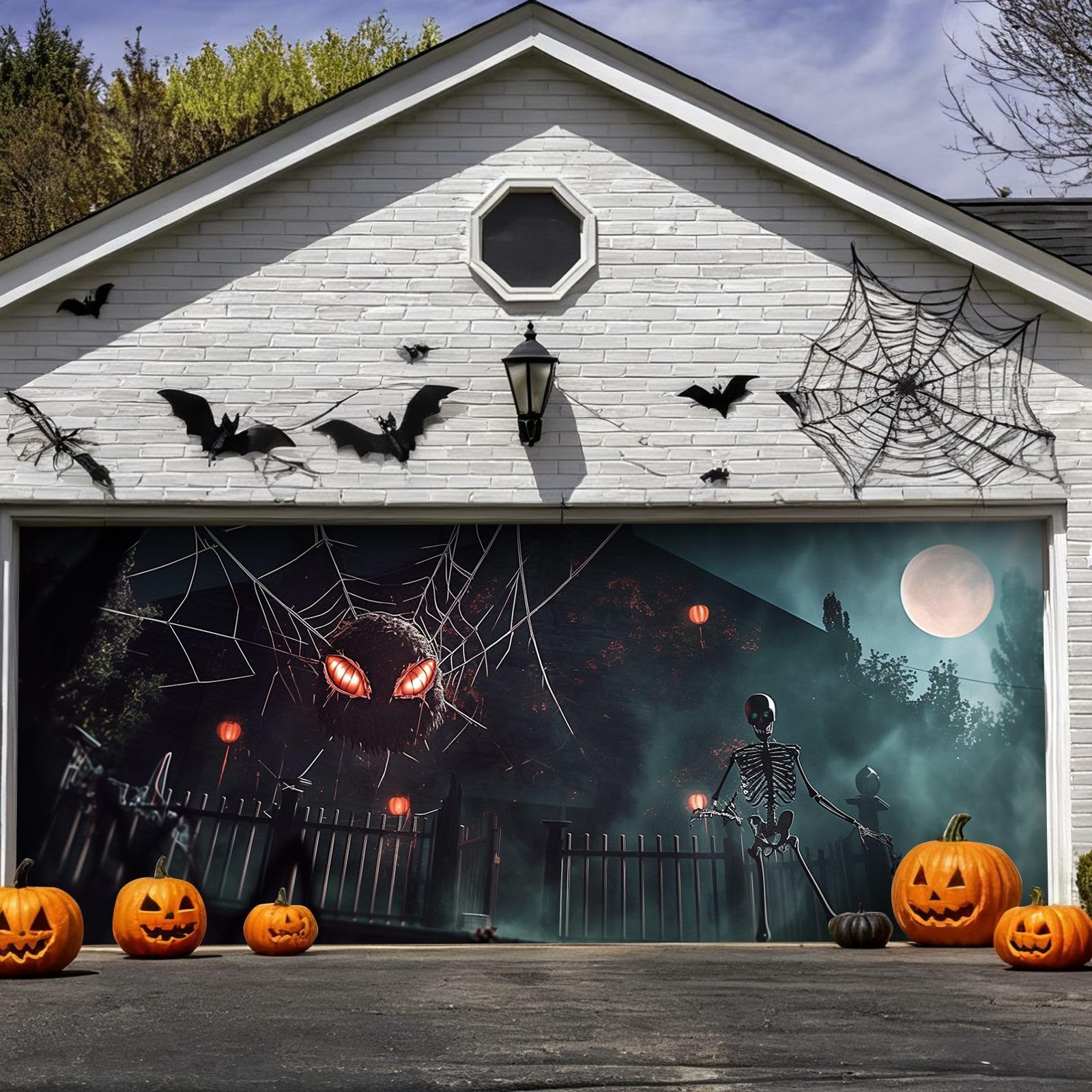 Cartel de buena suerte para Halloween, para puerta de garaje, grande, para exteriores, para porche delantero, fiesta, festival, diseño de murciélago de calabaza aterrador