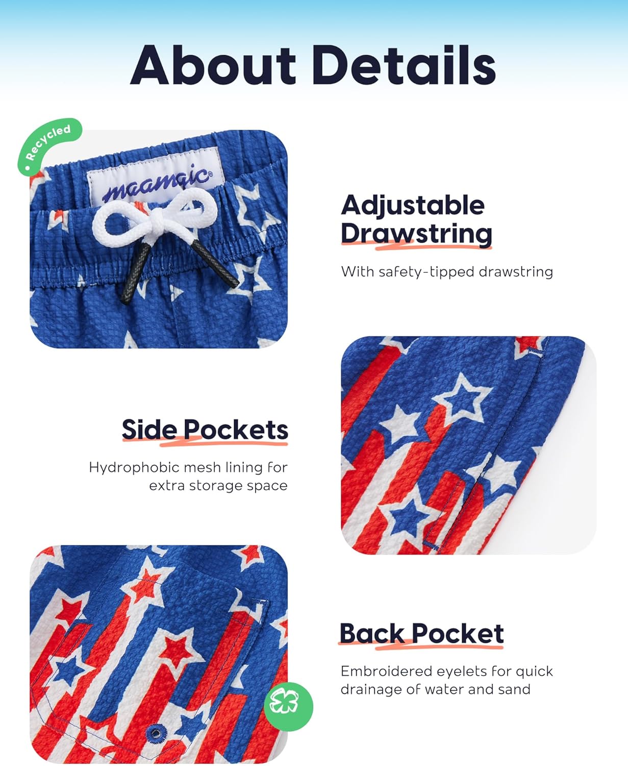 maamgic Boys Swim Trunks with Compression Liner Seersucker Swim Shorts Recycled Toddler Swimsuit - Image 4
