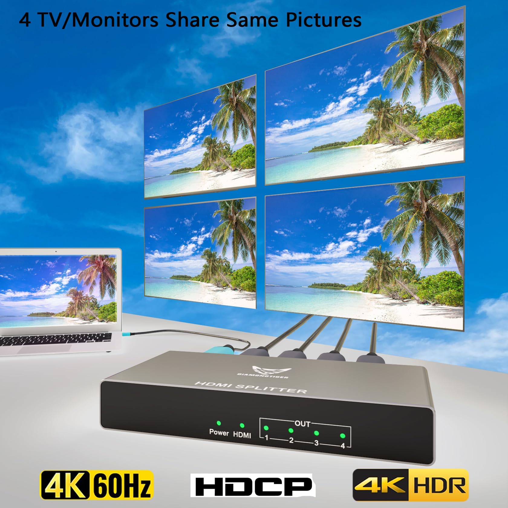 Splitter HDMI – DiamondTiger 4K HDMI Splitter 1 in 4 Out – Powered HDMI 2.0 Splitter 4 vie monitor uscite, supporta 4K @ 60Hz Ultra HD, HDCP 2.0, sincronizzazione audio video 3D, plug & play per HDTV