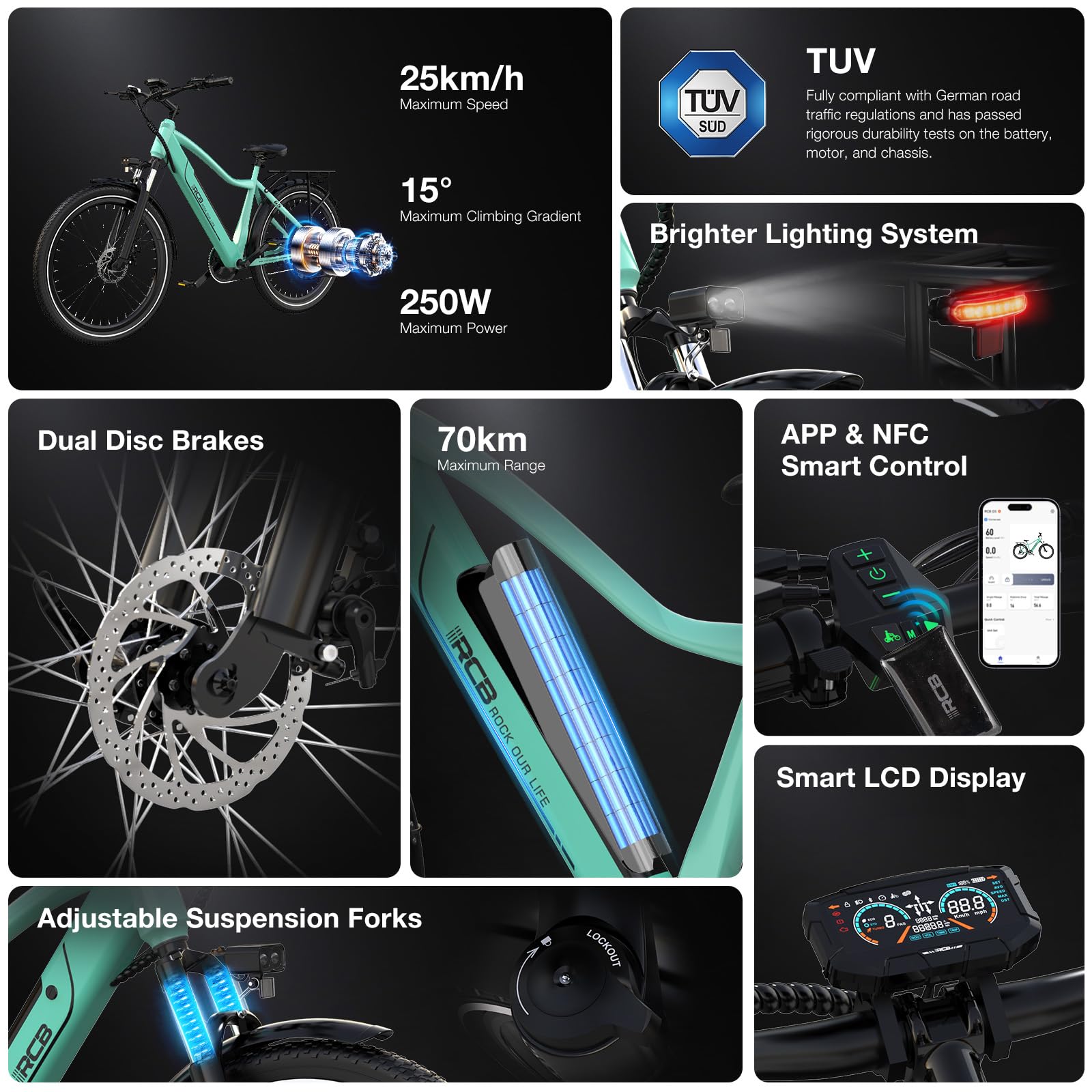 RCB G5 27,5" Adult E Bike, Mountain E-Bike, Motor 250W, Max Speed 25km/h, NFC/APP Start, Reichweite 80km, Geeignet für Männer und Frauen Commuter Riding