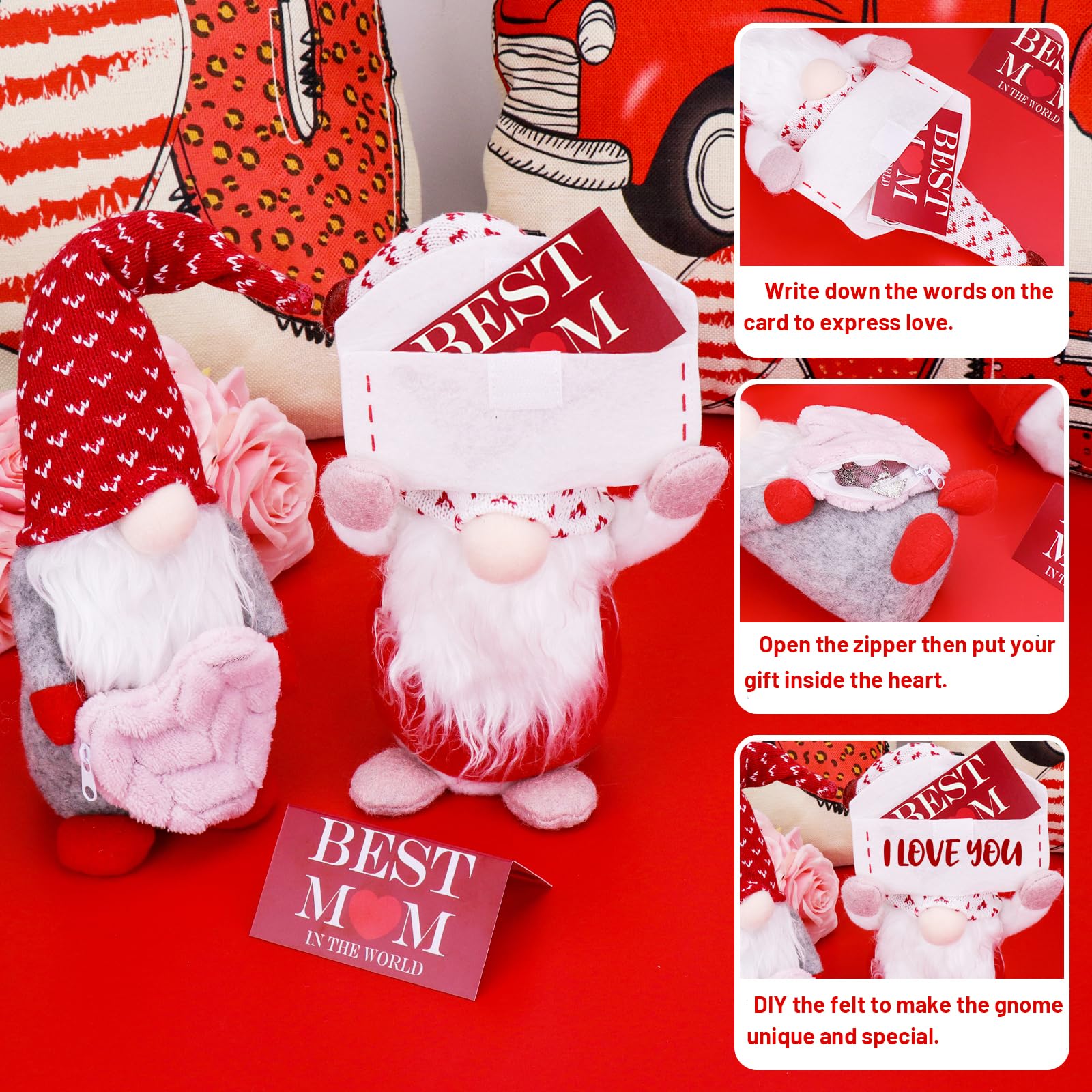 2PCS Mother's Day Gnome Decor with Greeting Card and Zippered Heart, DIY Handmade Plush Mothers Day Scandinavian Tomte Swedish Gnome Cute Faceless Dwarf Household Ornaments