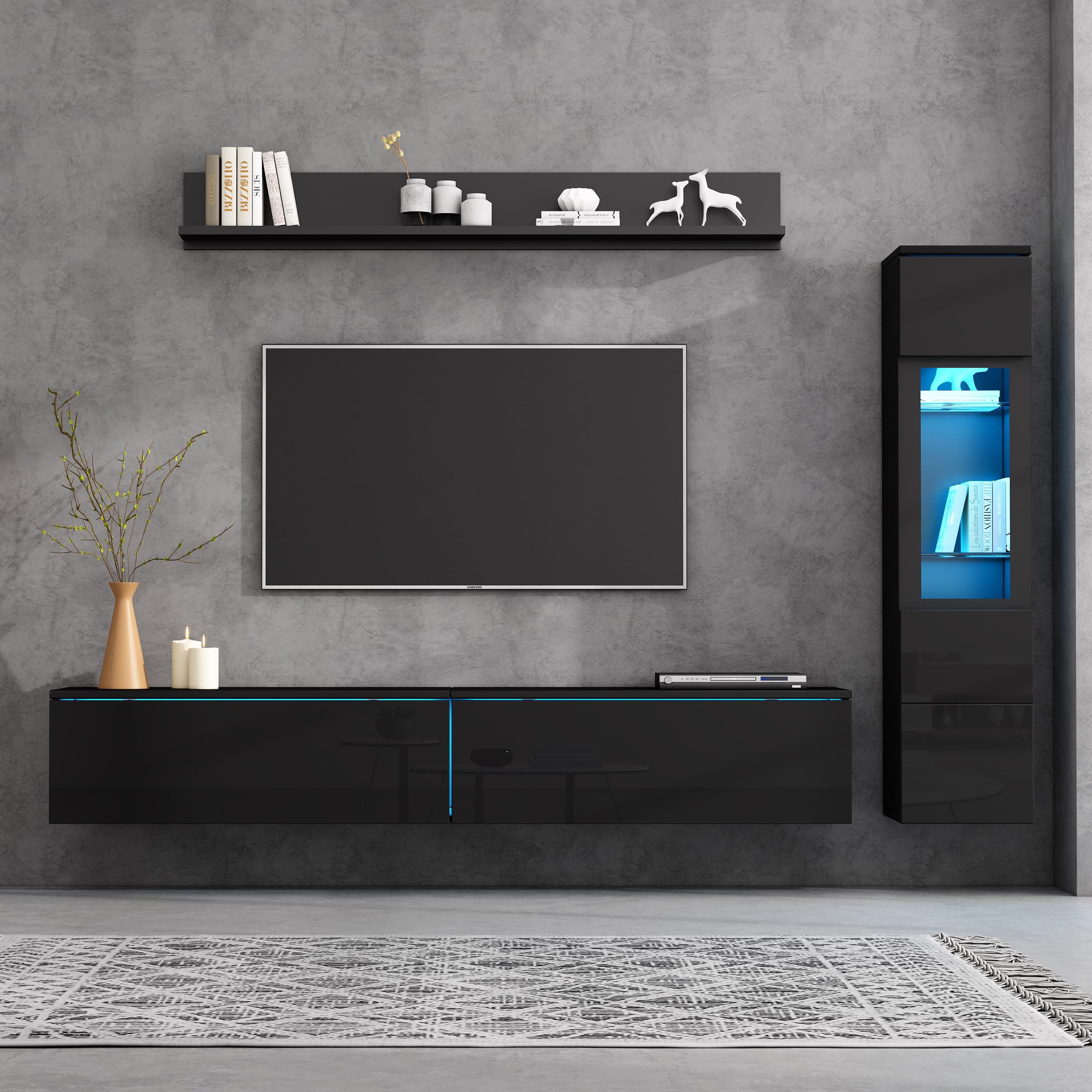 Wiuzo Set da Parete per TV, 3 Pezzi, Illuminazione a LED, Nero Lucido, Set di Mobili da Soggiorno, Parete Frontale Nero, 1 Armadio TV, 1 Vetrina per Soggiorno, 1 Mensola Sospesa, TV Fino a 80"