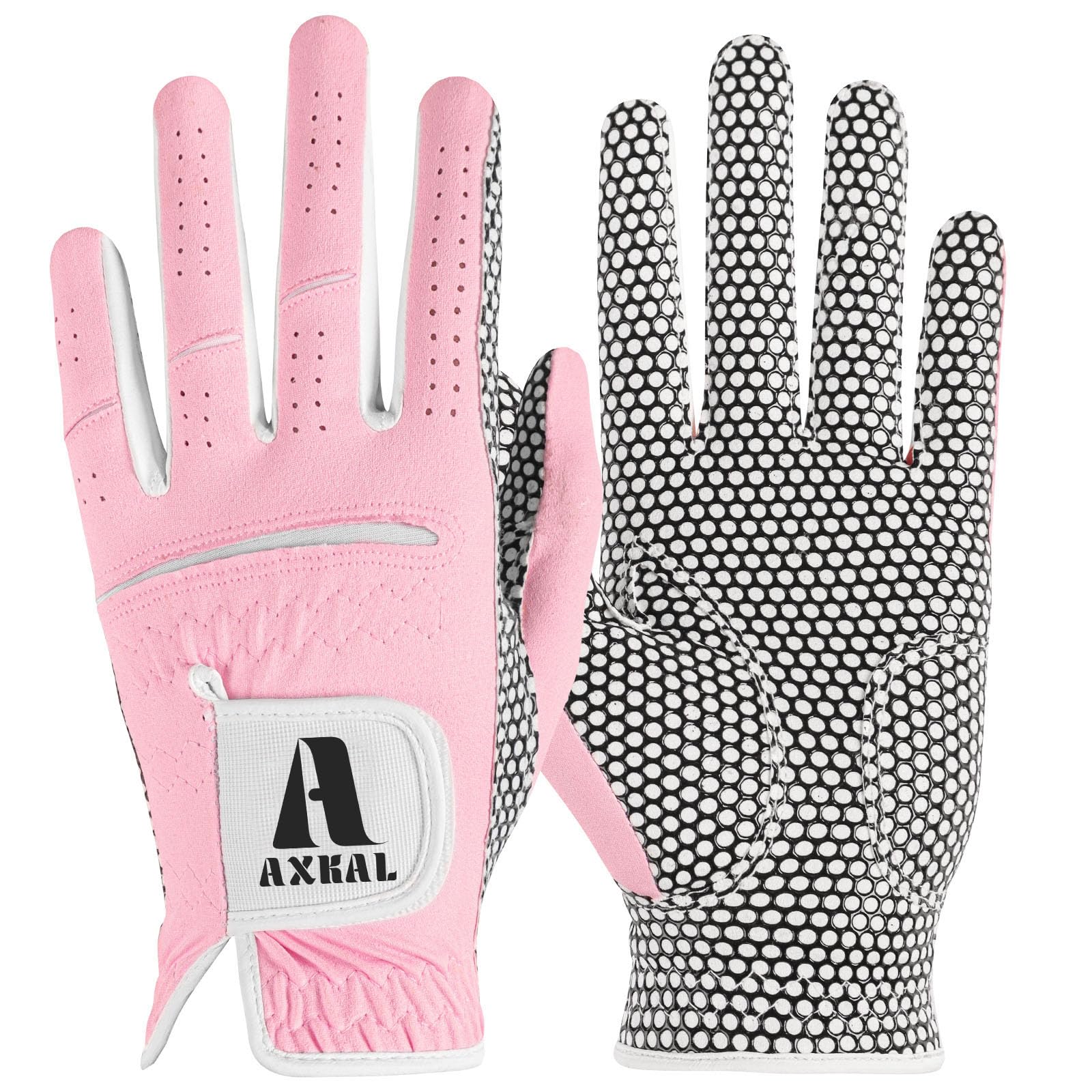 AXKAL Women Golf Gloves Enhanced Grip Comfortable 1 Pack Right Left Hand, Breathable Durable Hot Wet All-Weather Soft Ladies Golf Gloves Purple Pink for Sizes S M L XL (Pink, L, Left)