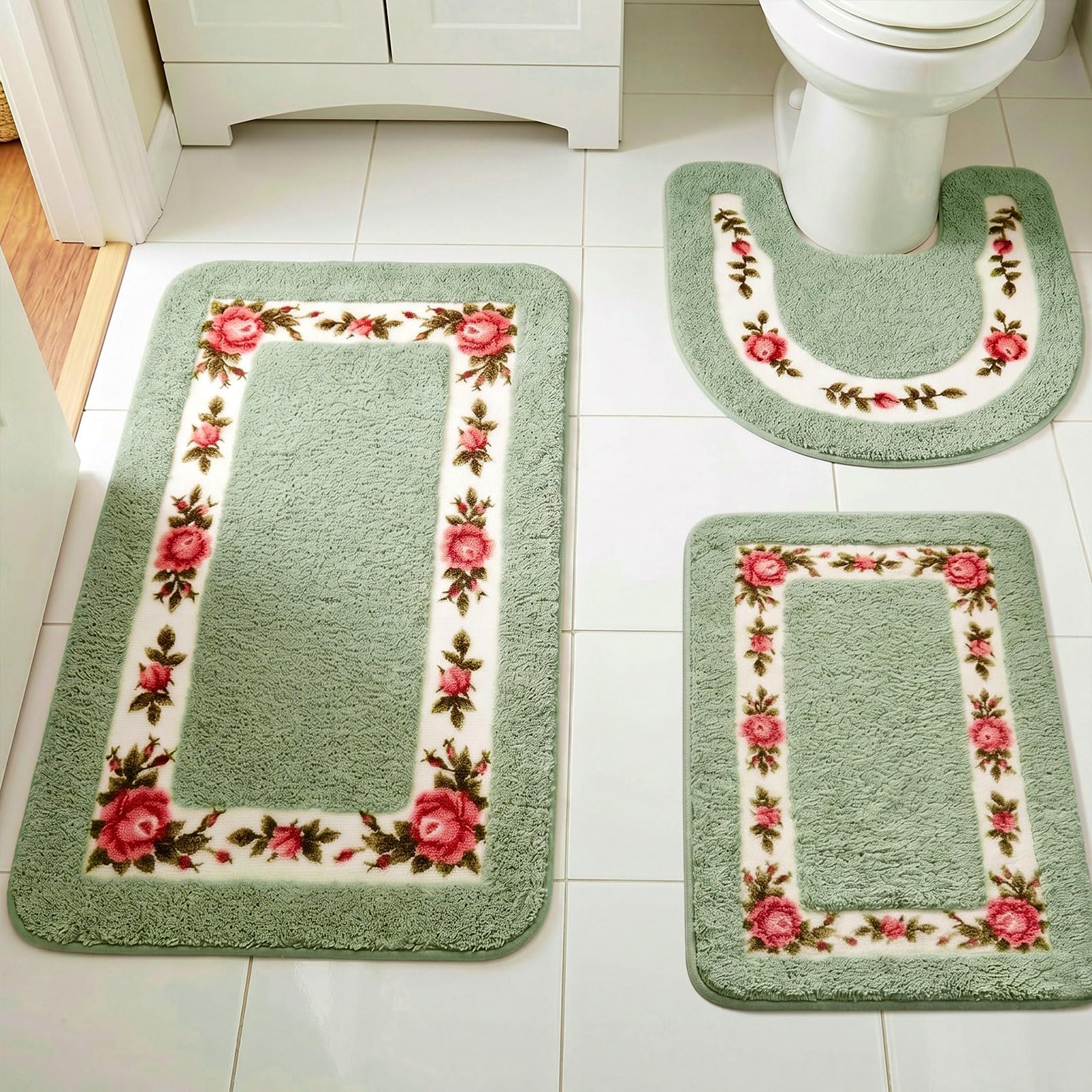 Drydiet Lot de 3 tapis de salle de bain antidérapants et absorbants avec motif de roses romantiques pour chambre à coucher, salle de bain, chambre à coucher, salon, 3 formes (vert)
