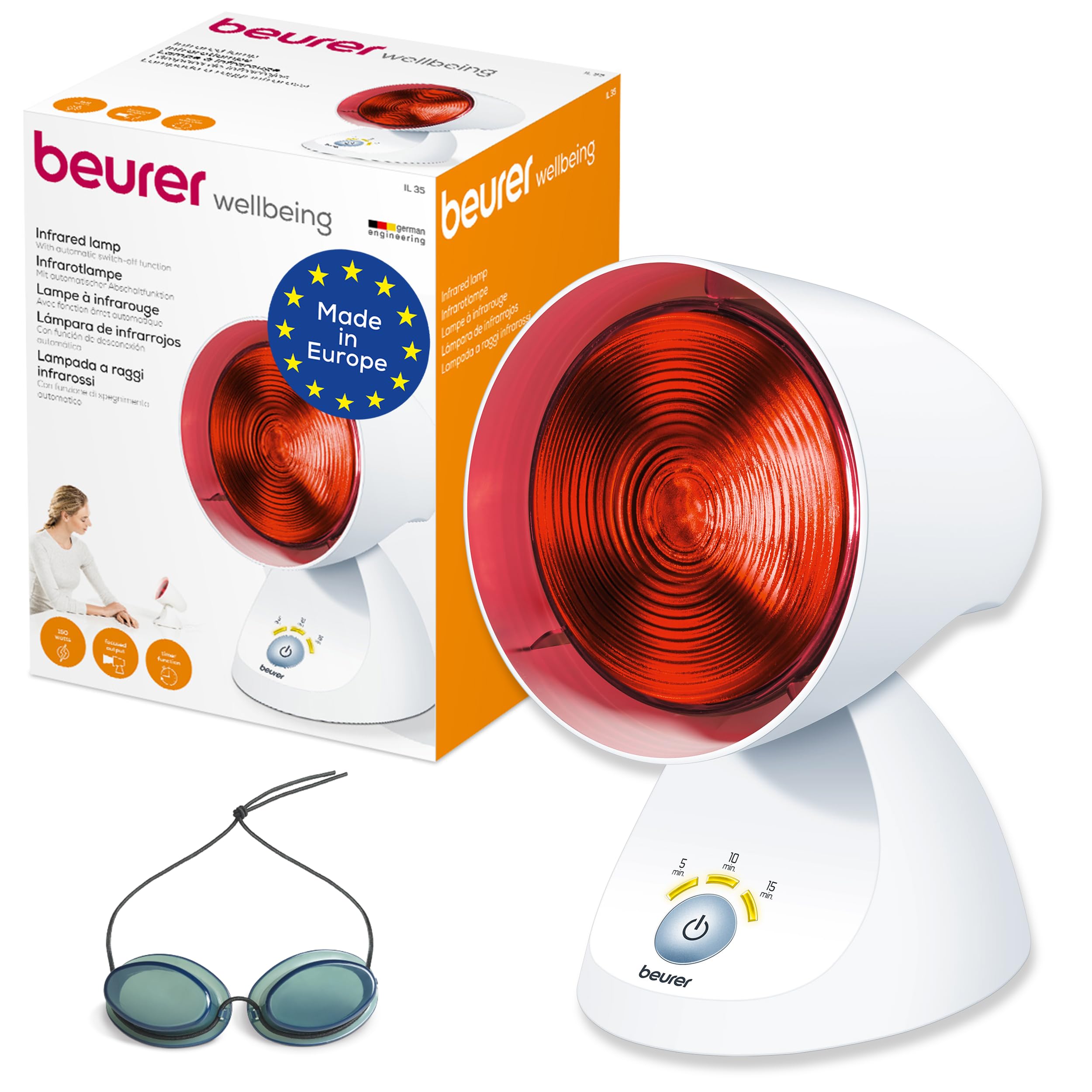 Beurer IL35 Infrared Heat Lamp, Soothing Heat For Colds And Muscle Tension, Infrared Therapy For Improved Blood Circulation, With 3-Level Treatment Timer, 100% UV Blocker, Medical Device