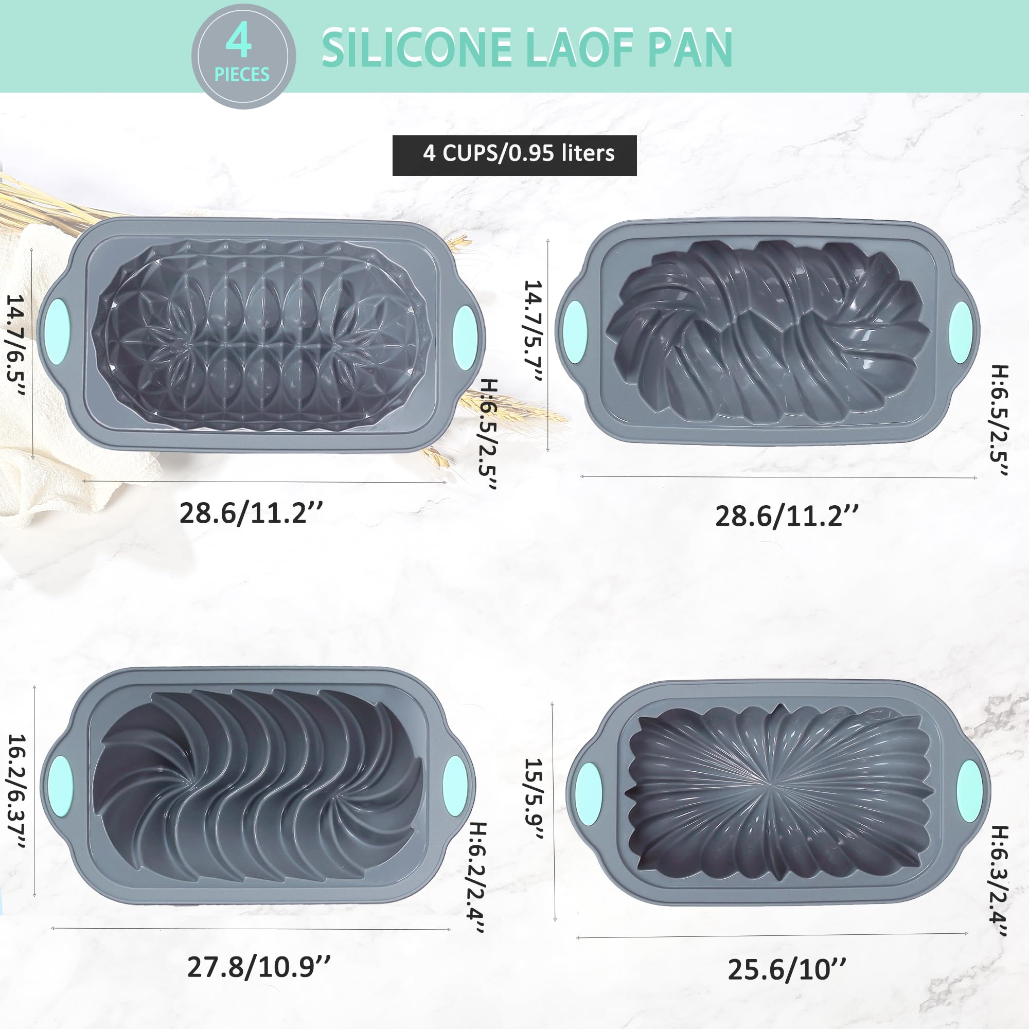 Tongjude 4 pezzi Pan di silicone per la cottura del pane, Pan di cucina antiaderente per il forno, perfetto per pane alla banana, torta di libbre e polpettone, 4 tazze, grigio