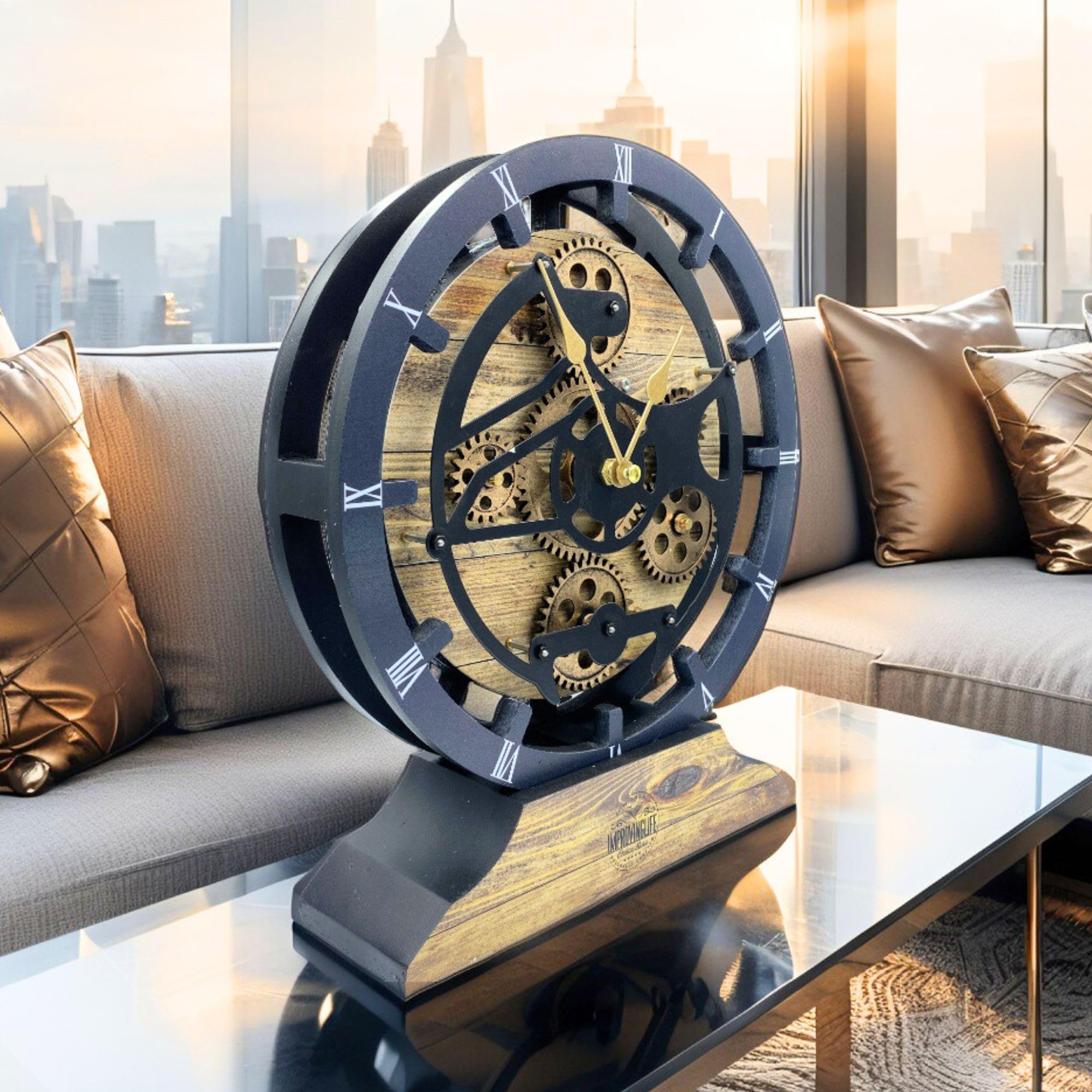 Tischuhr 25,4 cm mit echten beweglichen Zahnrädern umwandelbar in Wanduhr (Gold Antik)