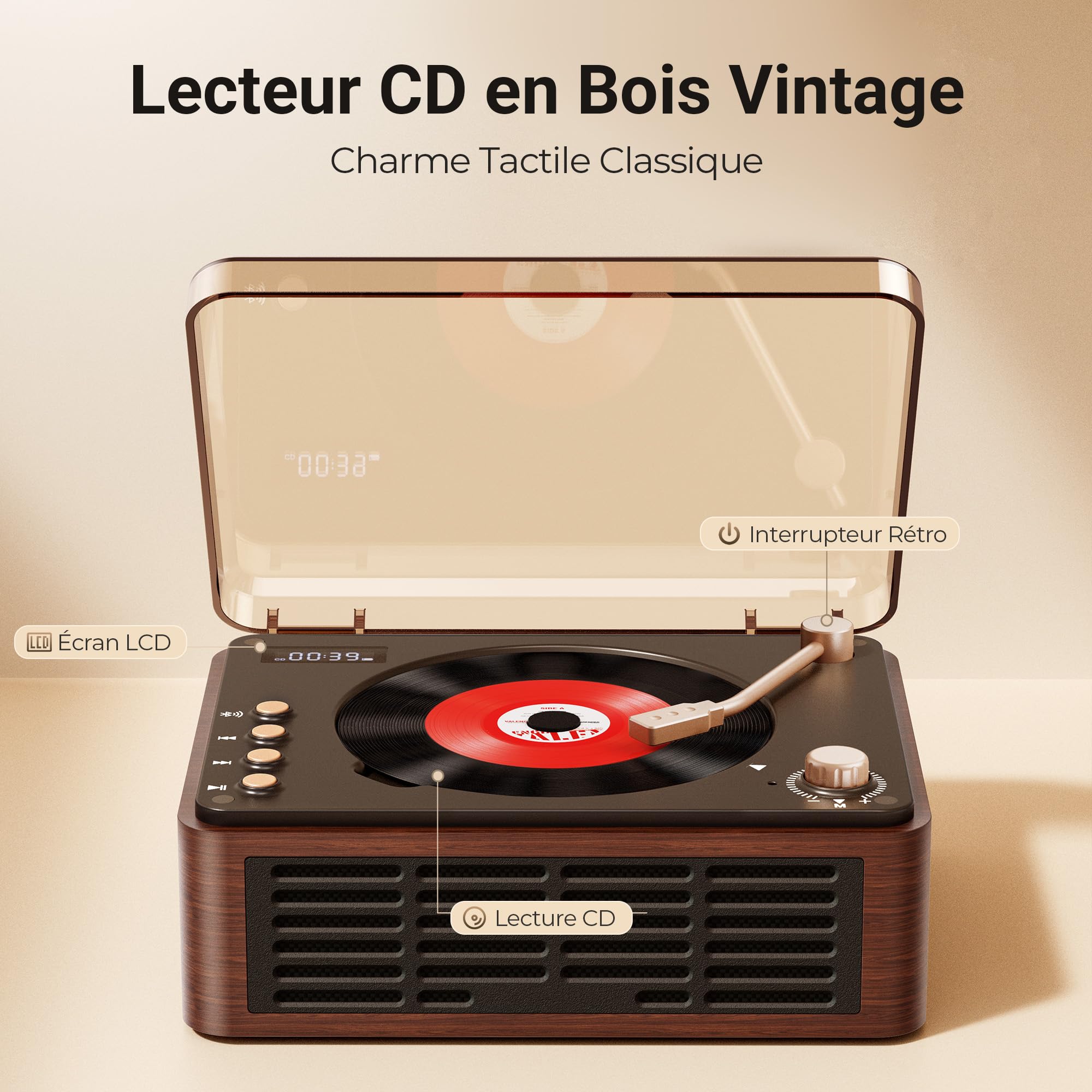 POFOTO Lecteur CD Portable Multifonction, Enceinte Bluetooth Rétro, Batterie Rechargeable 3600mAh, avec Radio FM/Preset EQ/USB/AUX, Écran LCD, Double Haut-Parleur, Télécommande – Maison ou Cadeau
