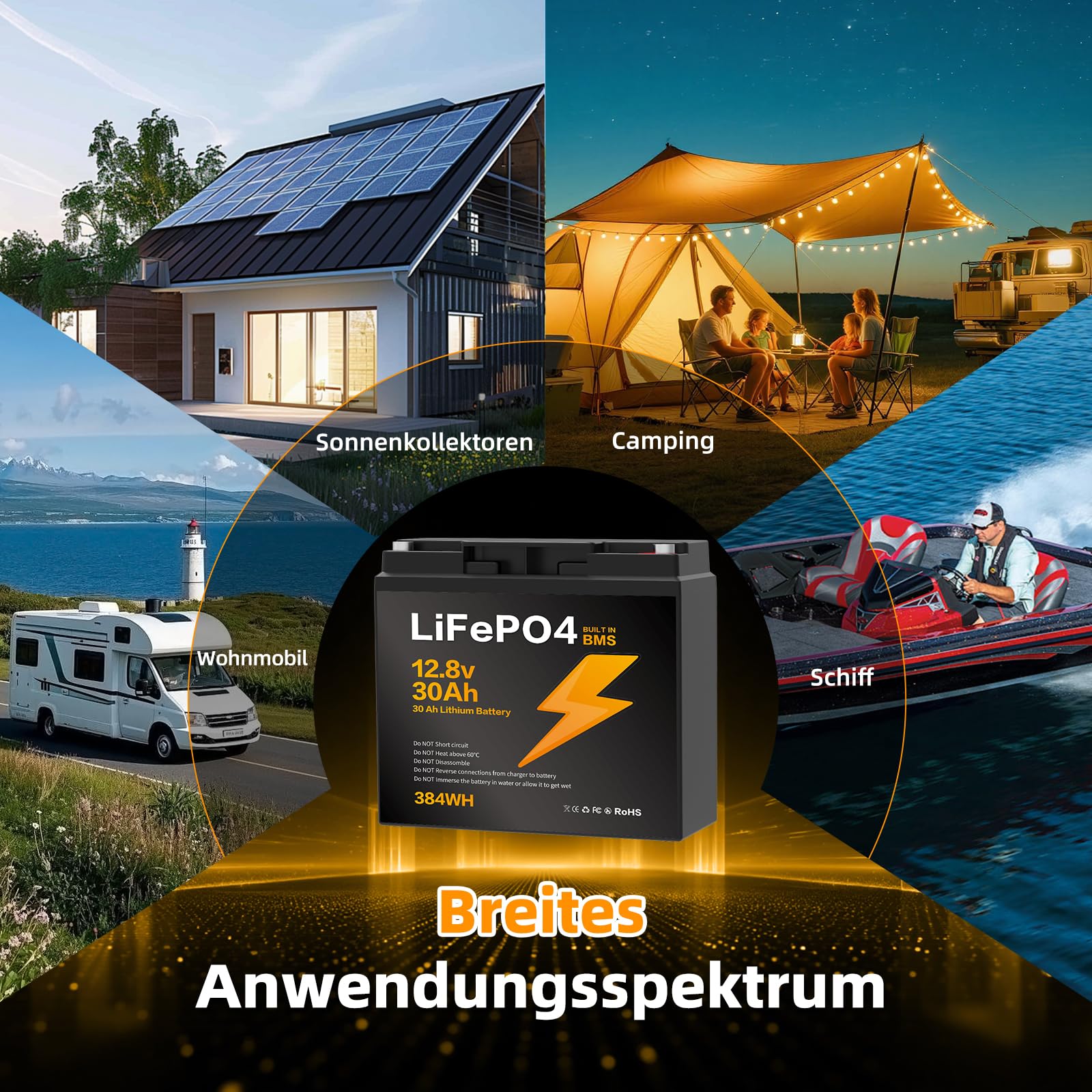 12V 30Ah Batteria LiFePO4, 15000 cicli di Scarica Profonda BMS 384Wh Adatta per moto Tosaerba Viaggi in Camper Barche Campeggio Ecoscandagli e Impianti Solari