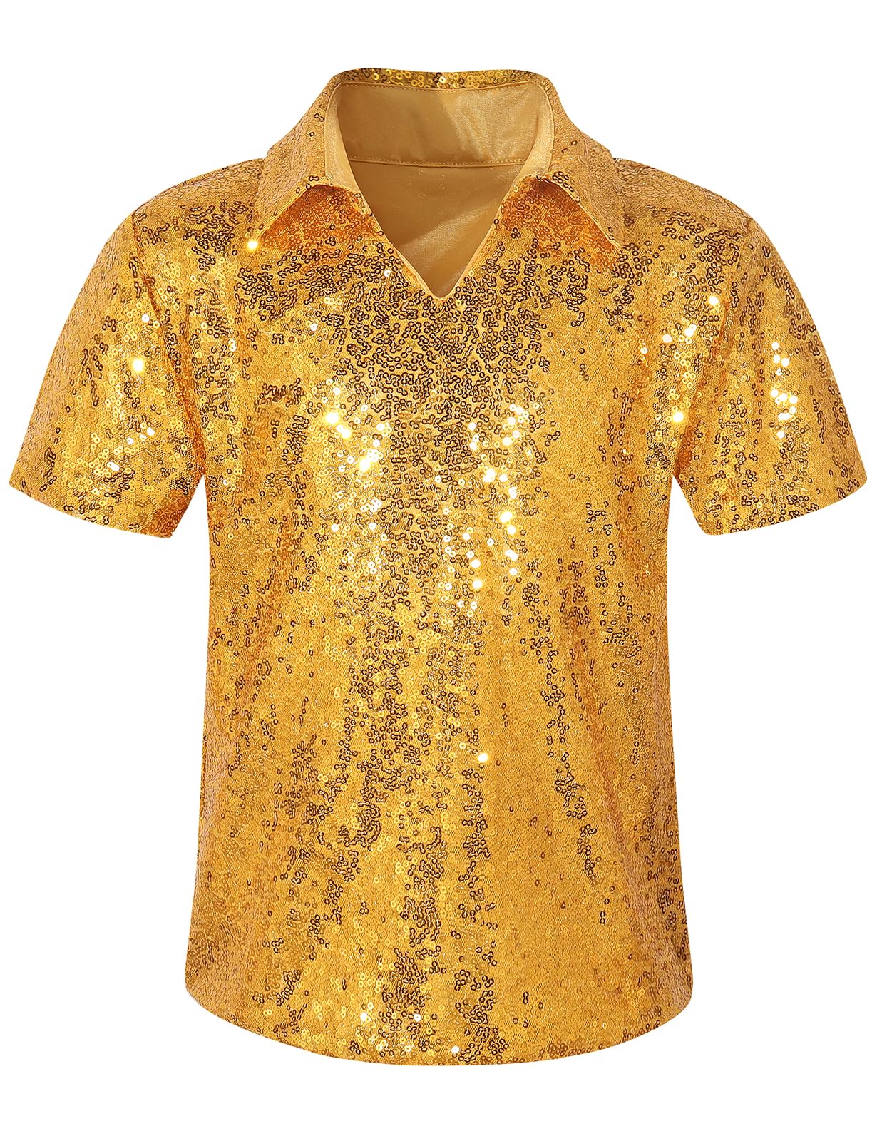 Photo 1 of Spring&Gege Boy's Short Sleeve Turndown Sparkle Sequins Polo Shirt 70s Disco T-Shirt, Gold, Size 9-10 Years